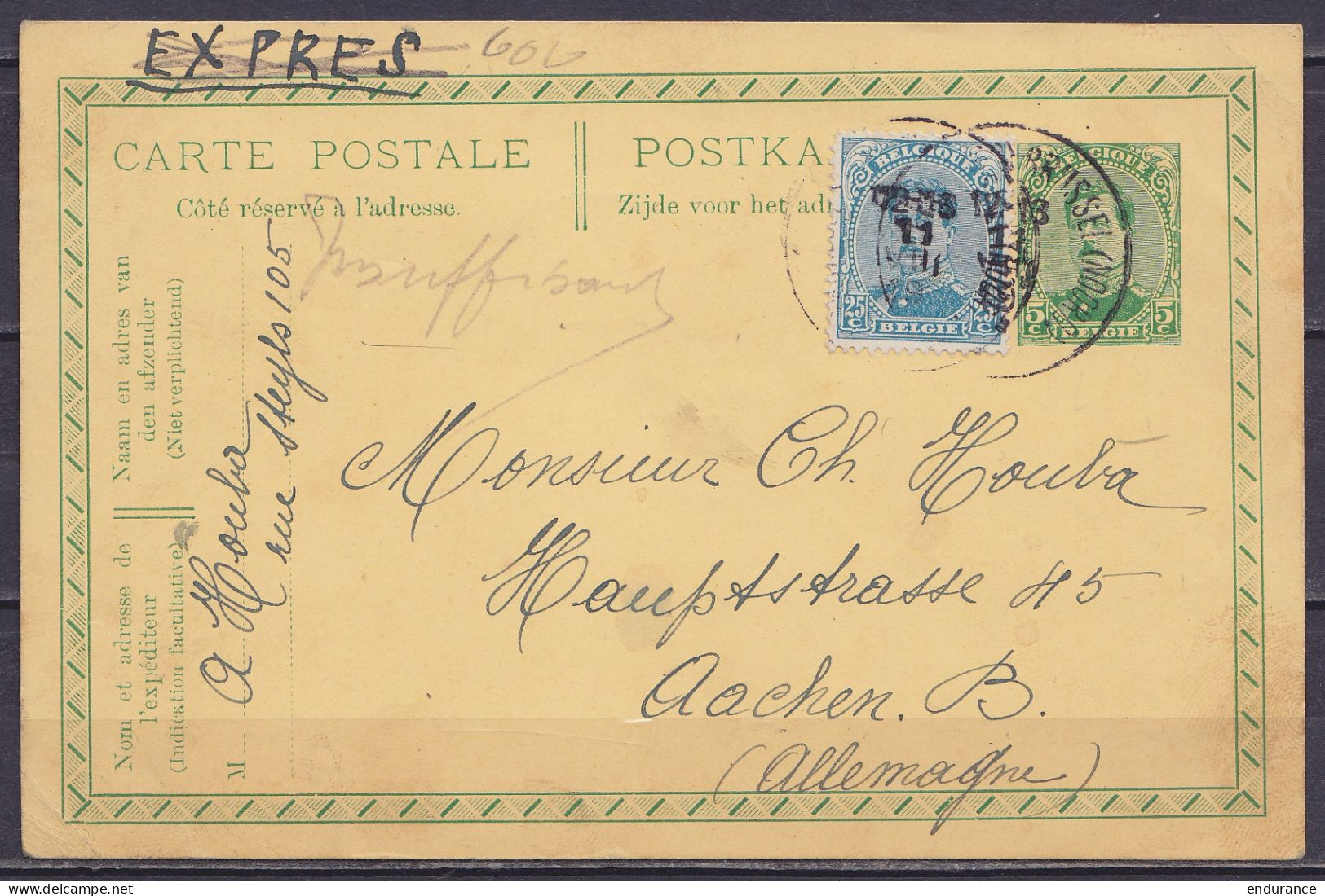 EP CP 5c Vert (N°137) + N°141 En Exprès Càd BRUXELLES (NORD) /11 Août 1919 Pour AACHEN (Allemagne) /// Affranchissement  - Postcards 1909-1934