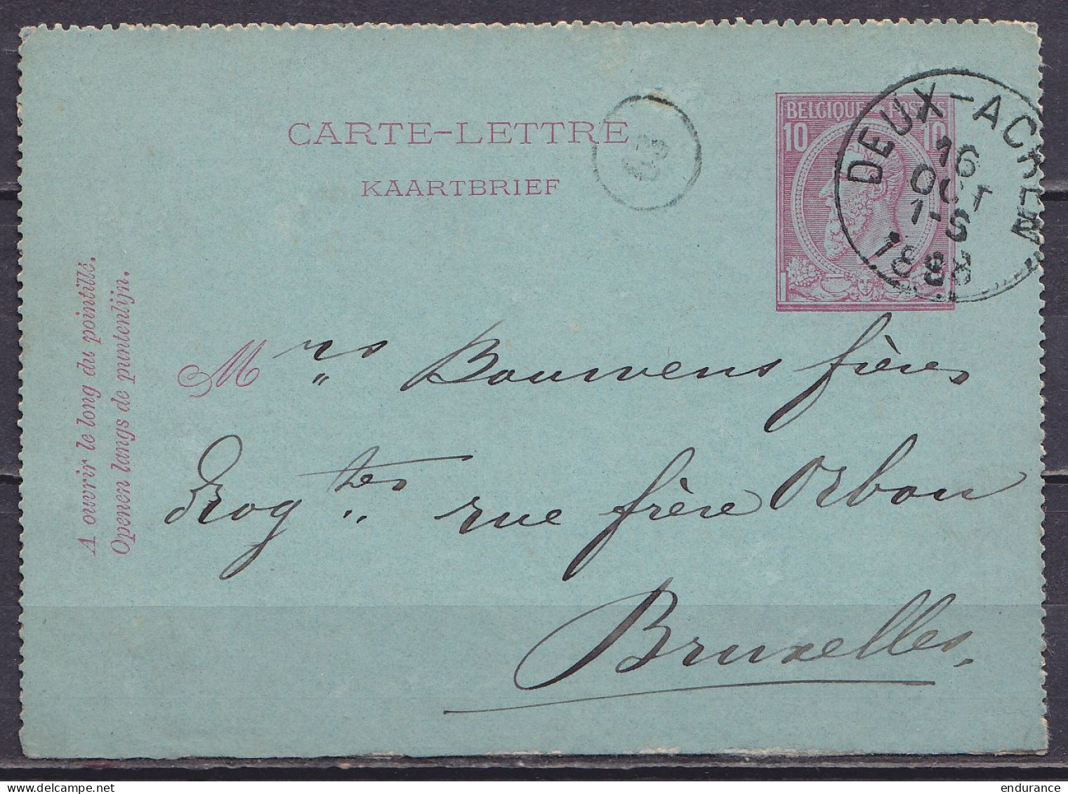 EP Carte-lettre 10c Rose (N°46) Càd DEUX-ACREN /16 OCT 1888 Pour BRUXELLES (au Dos: Càd Arrivée BRUXELLES 1) - Carte-Lettere