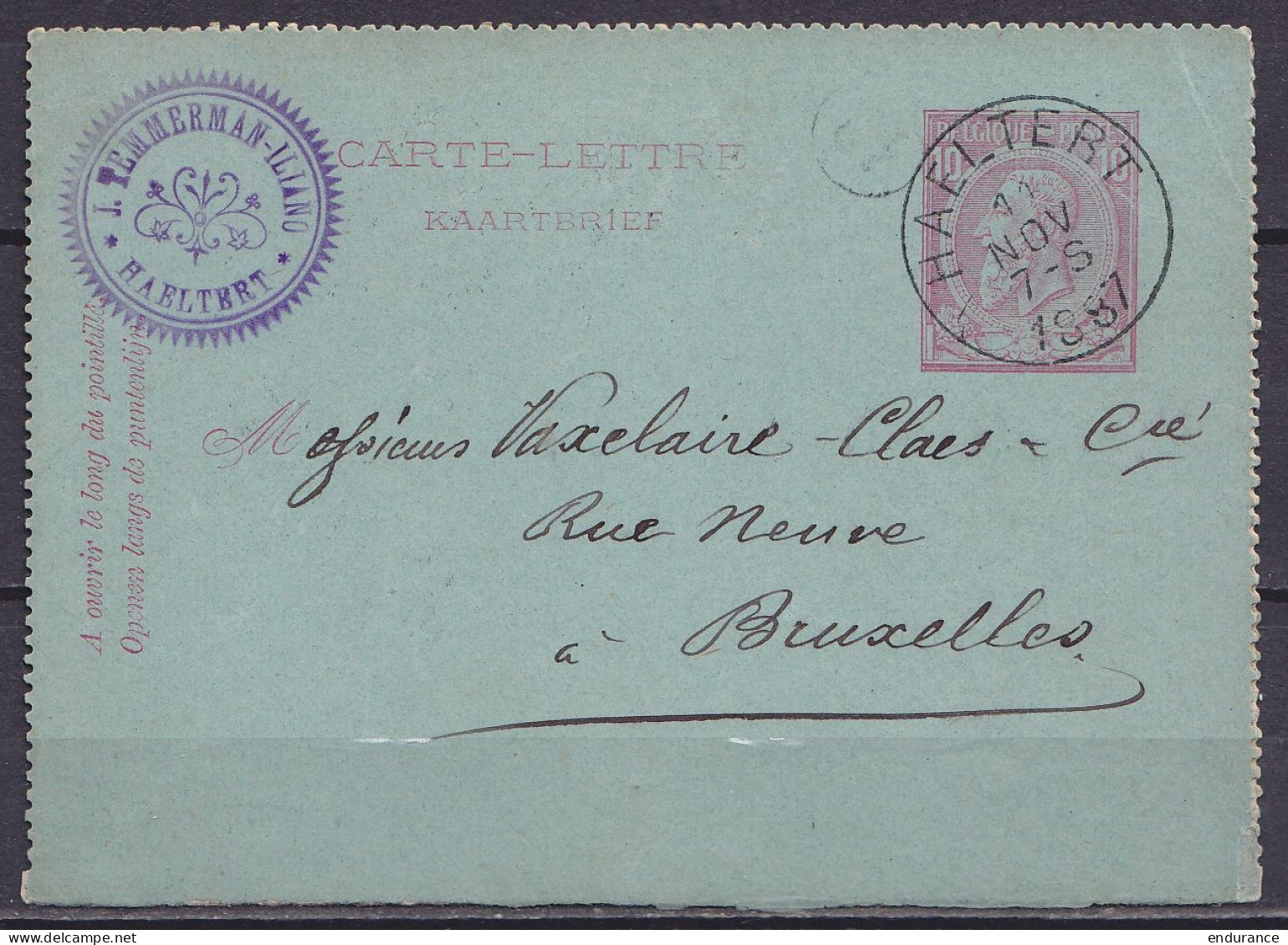 EP Carte-lettre 10c Rose (N°46) Càd HAELTERT /14 NOV 1887 Pour BRUXELLES (au Dos: Càd Arrivée BRUXELLES 1) - Kartenbriefe