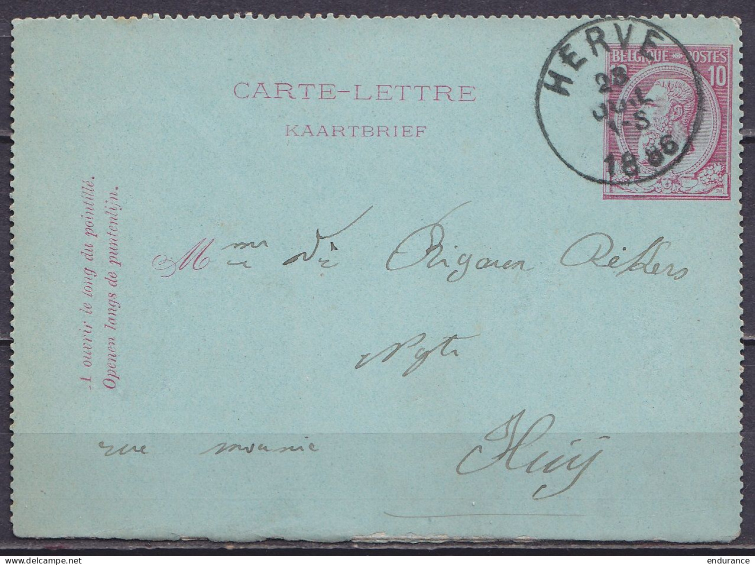 EP Carte-lettre 10c Rose (N°46) Càd HERVE /28 JUIL 1886 Pour HUY (au Dos: Càd Arrivée HUY) - Cartes-lettres