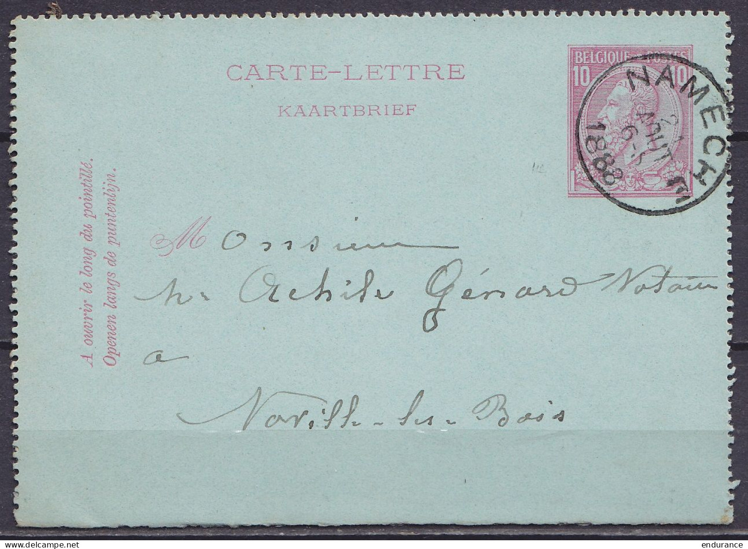 EP Carte-lettre 10c Rose (N°46) Càd NAMECHE /21 AOUT 1888 Pour NOVILLE-LES-BOIS (au Dos: Càd Arrivée LEUZE-LONCHAMPS) - Postbladen