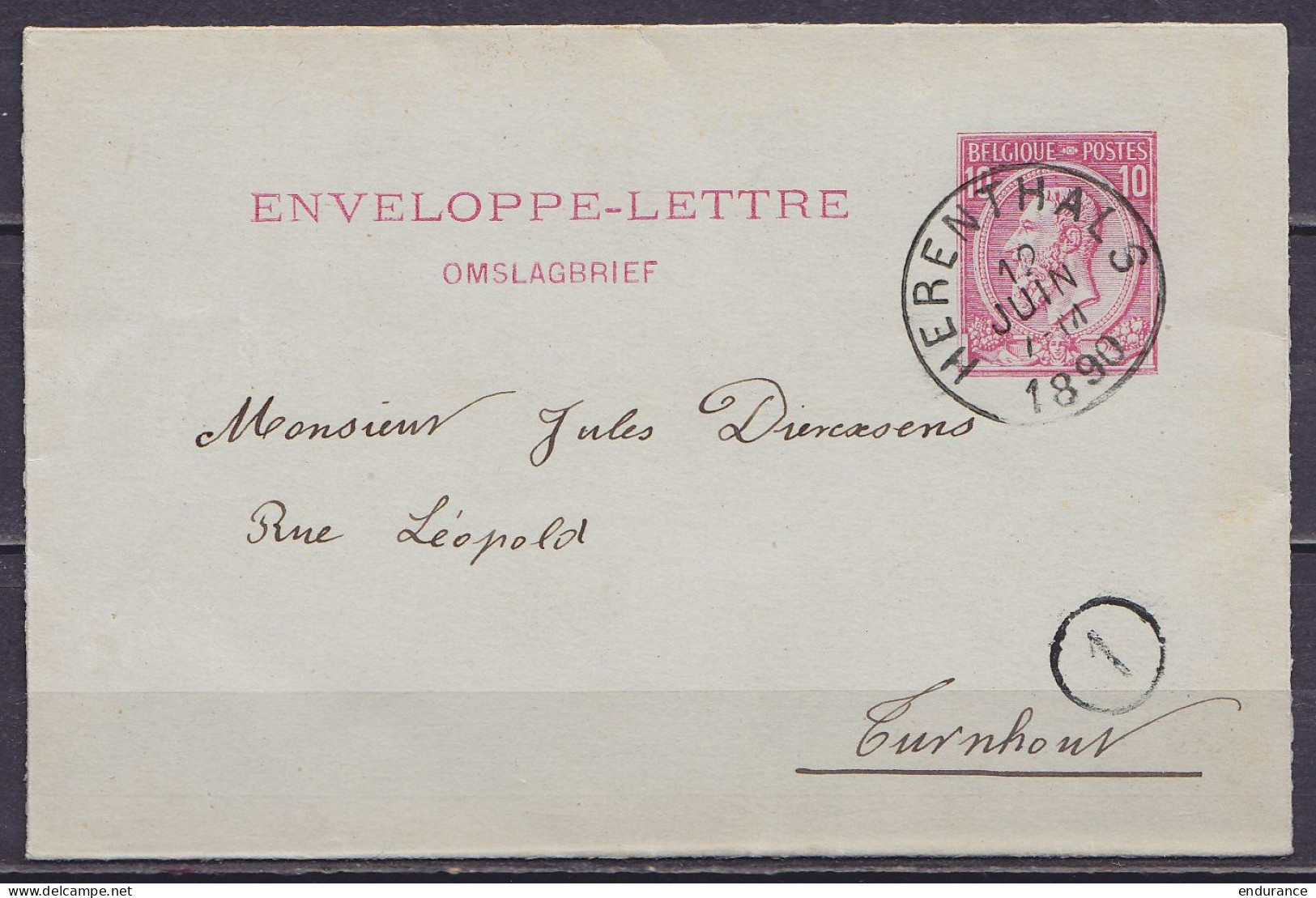 EP Enveloppe-lettre 10c Rose (N°46) Càd HERENTALS /12 JUIN 1890 Pour TURNHOUT (au Dos: Càd Arrivée TURNHOUT) - Briefumschläge