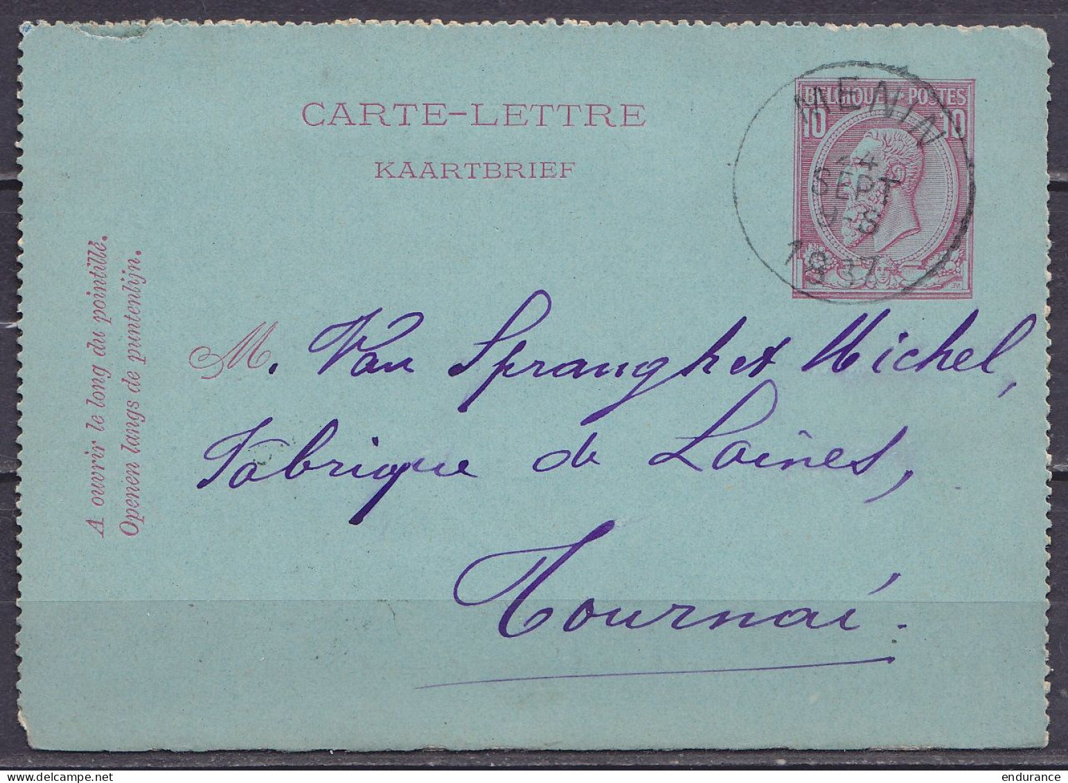 EP Carte-lettre 10c Rose (N°46) Càd MENIN /24 SEPT 1887 Pour TOURNAI (au Dos: Càd Arrivée TOURNAI) - Kartenbriefe