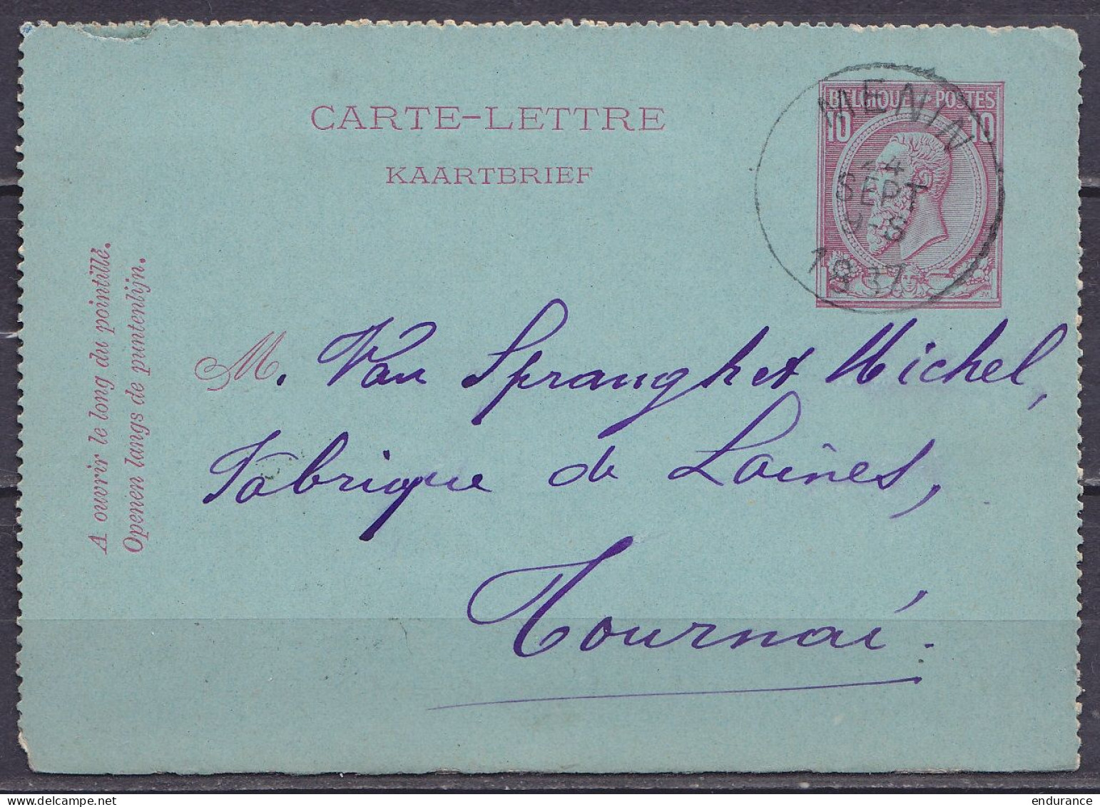 EP Carte-lettre 10c Rose (N°46) Càd MENIN /24 SEPT 1887 Pour TOURNAI (au Dos: Càd Arrivée TOURNAI) - Cartas-Letras
