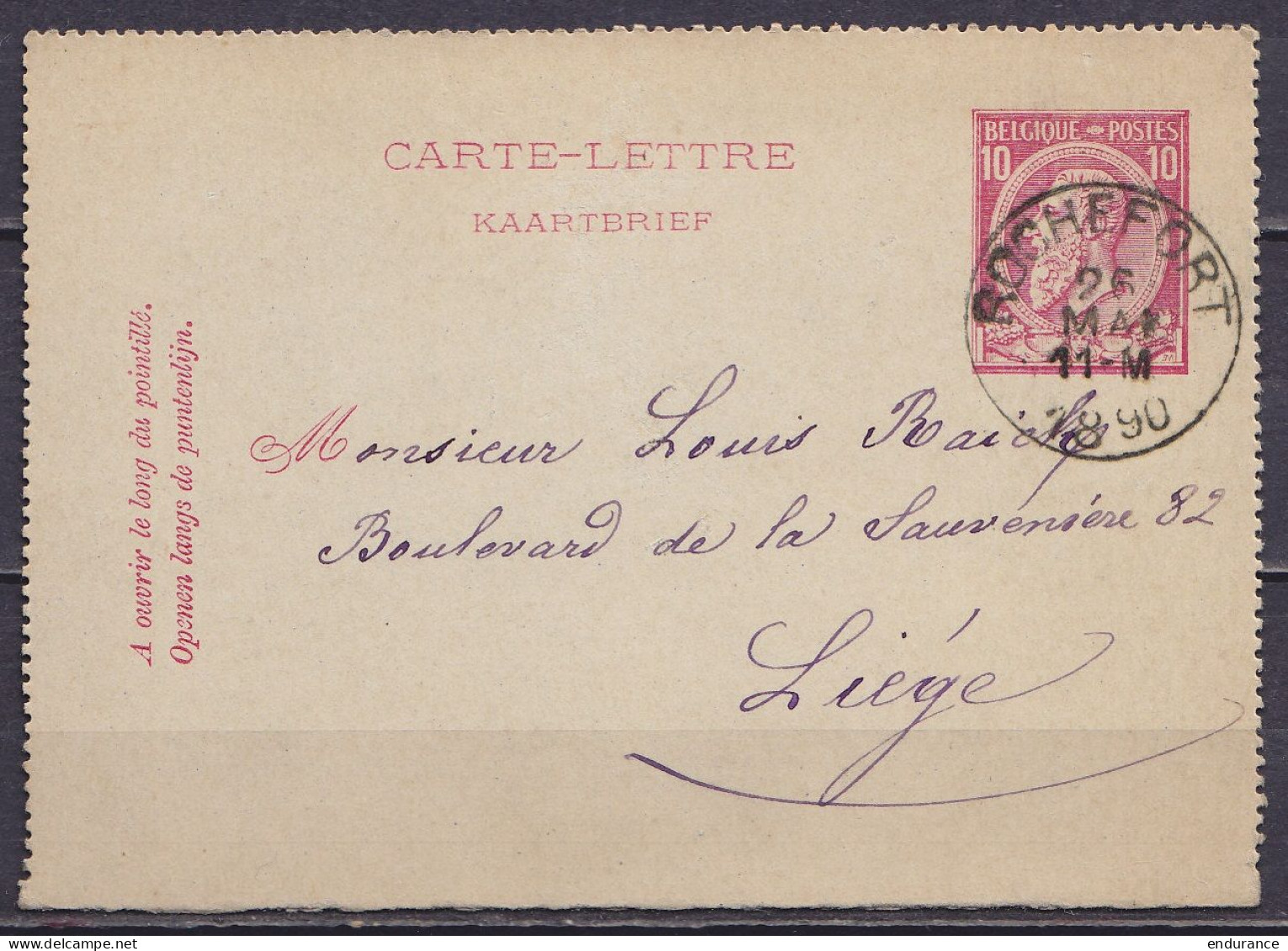 EP Carte-lettre 10c Rose (N°46) Càd ROCHEFORT /26 MAI 1890 Pour LIEGE (au Dos: Càd Arrivée LIEGE) - Carte-Lettere