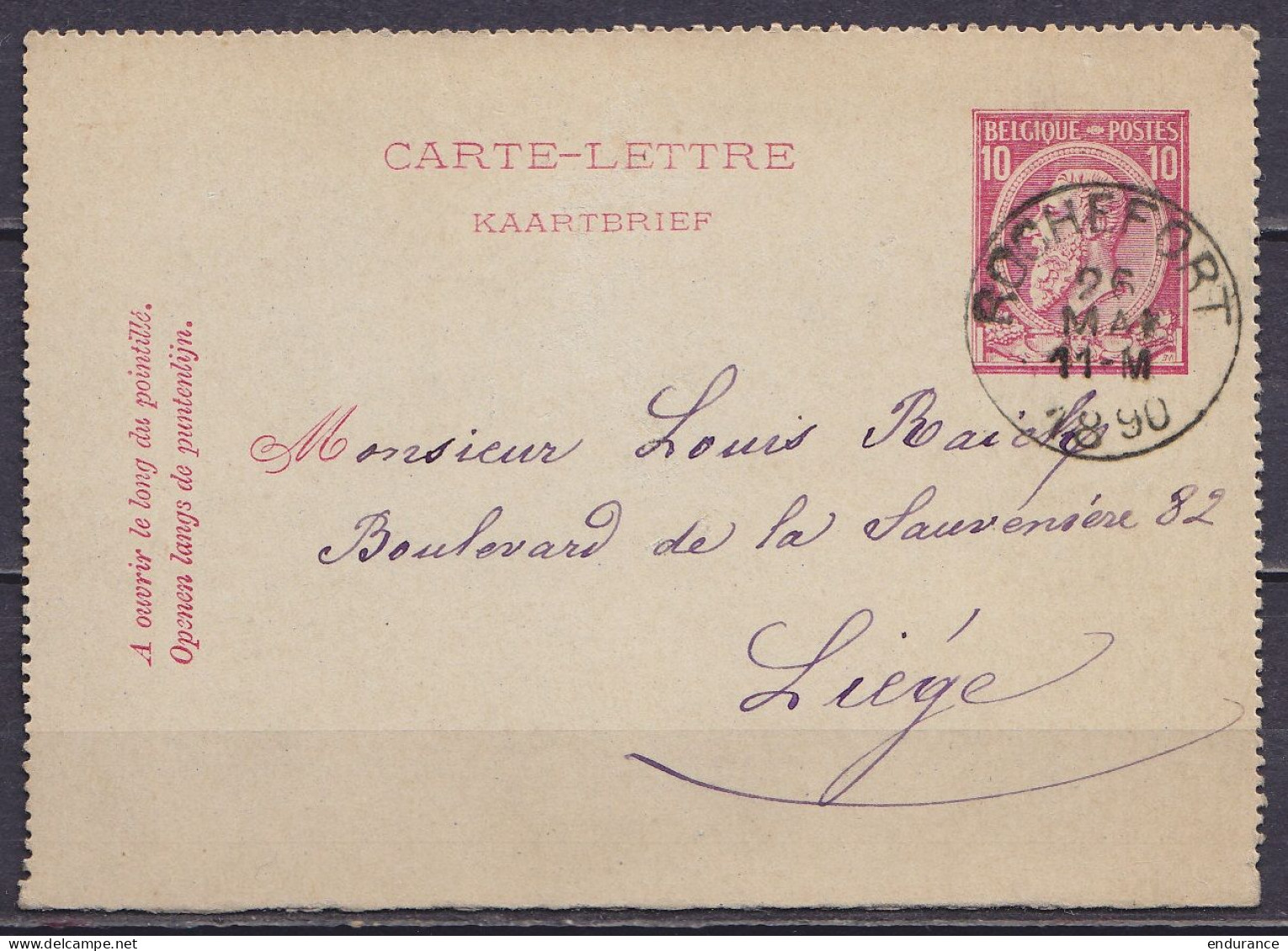 EP Carte-lettre 10c Rose (N°46) Càd ROCHEFORT /26 MAI 1890 Pour LIEGE (au Dos: Càd Arrivée LIEGE) - Kartenbriefe