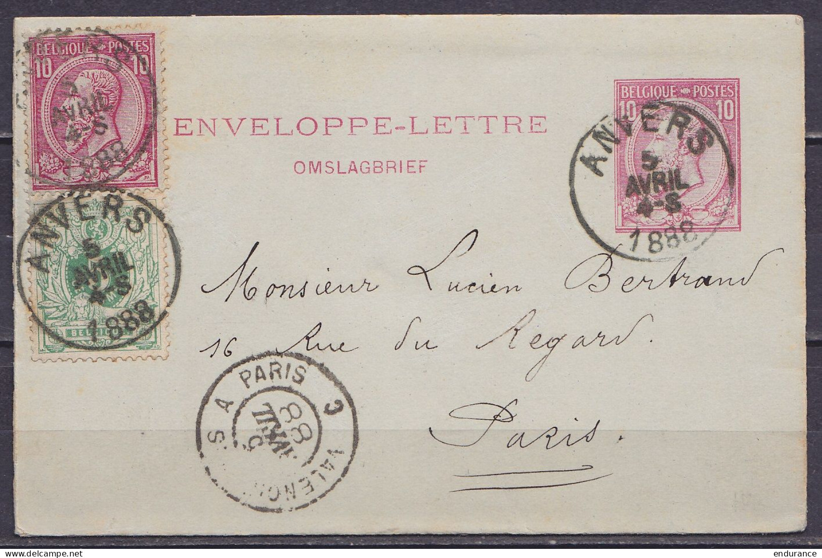 EP Enveloppe-lettre 10c Rose (N°46) + N°45+46 Càd ANVERS /5 AVRIL 1888 Pour PARIS - Càd "VALENCIENNES A PARIS" (au Dos:  - Letter Covers