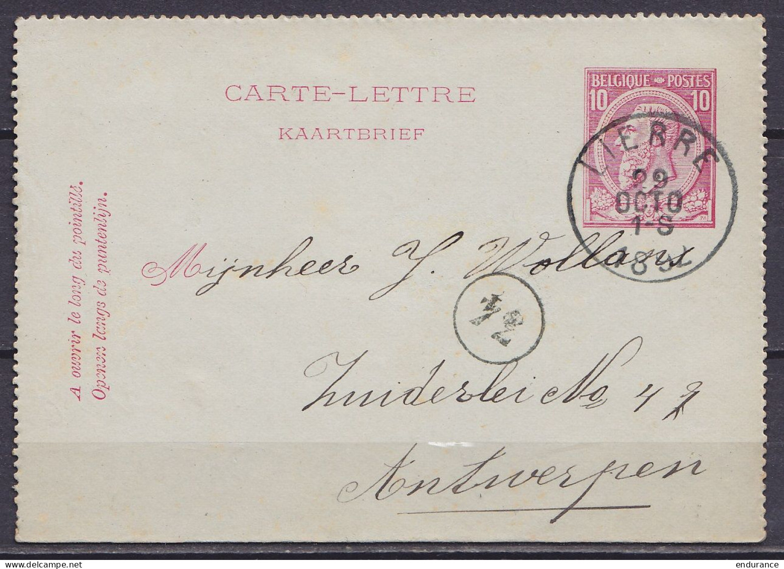 EP Carte-lettre 10c Rose (N°46) Càd LIERRE /29 OCTO 1892 Pour ANTWERPEN (au Dos: Càd Arrivée ANVERS) - Cartes-lettres