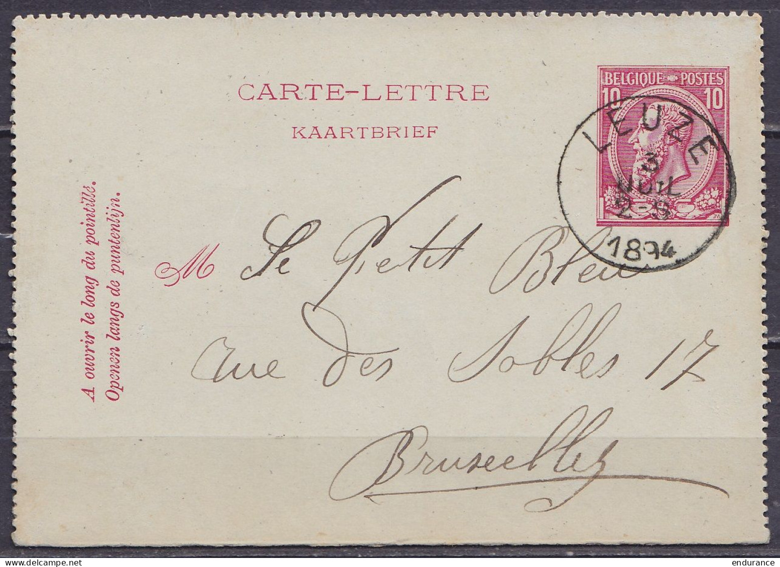 EP Carte-lettre 10c Rose (N°46) Càd LEUZE /3 JUIL 1894 Pour BRUXELLES (au Dos: Càd Arrivée BRUXELLES 1) - Kartenbriefe