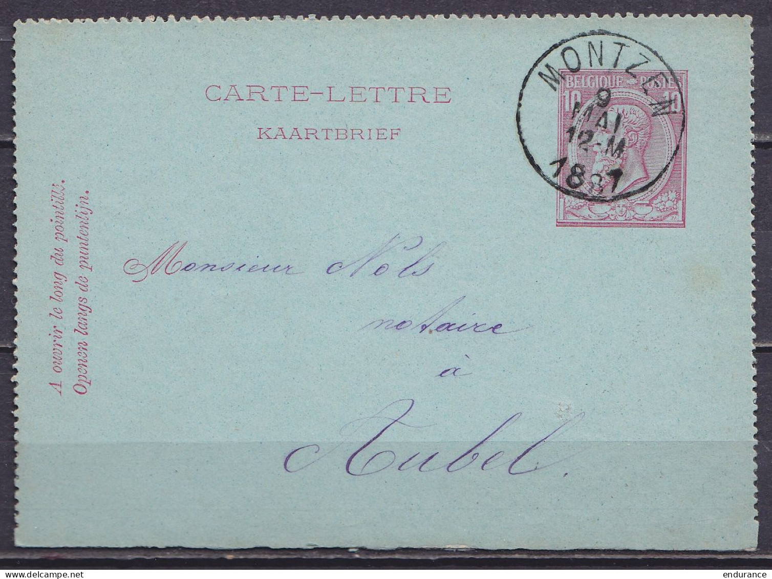 EP Carte-lettre 10c Rose (N°46) Càd MONTZEN /9 MAI 1887 Pour AUBEL (au Dos: Càd Arrivée AUBEL) - Cartes-lettres