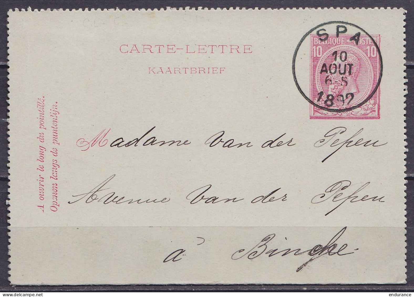EP Carte-lettre 10c Rose (N°46) Càd SPA /10 AOUT 1892 Pour BINCHE (au Dos: Càd Arrivée BINCHE) - Letter-Cards