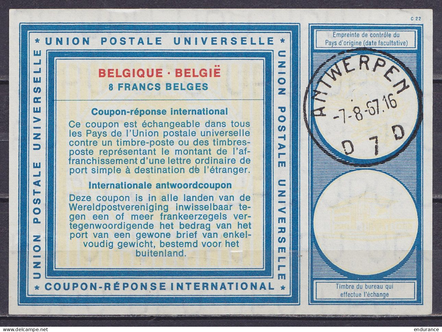 Coupon-réponse International - 8 Fancs Belges Càd ANTWERPEN 7D /-7-8-1967 - International Reply Coupons