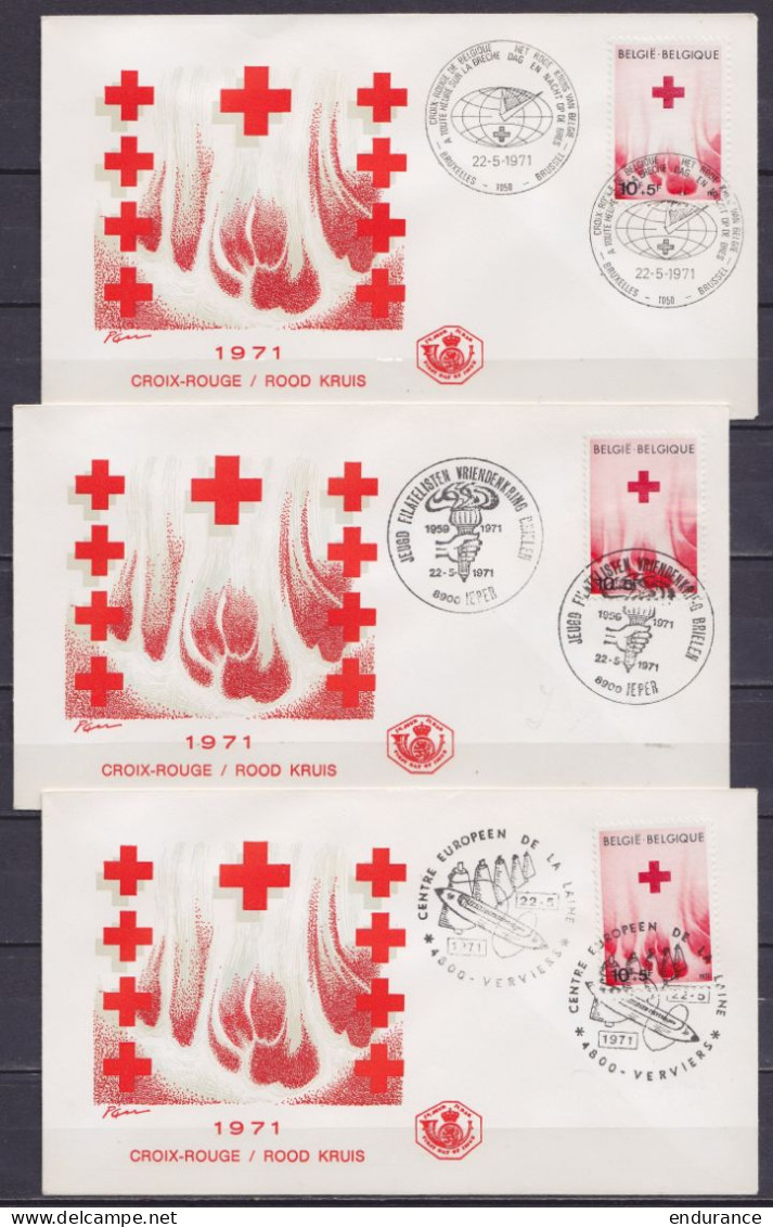Série De 6 FDC Thème CROIX-ROUGE - 3x N°1454/55 1968  (Bruxelles, Angleur & De Pinte) + 3x N°1588 1971 (Bruxelles, Ieper - Croce Rossa