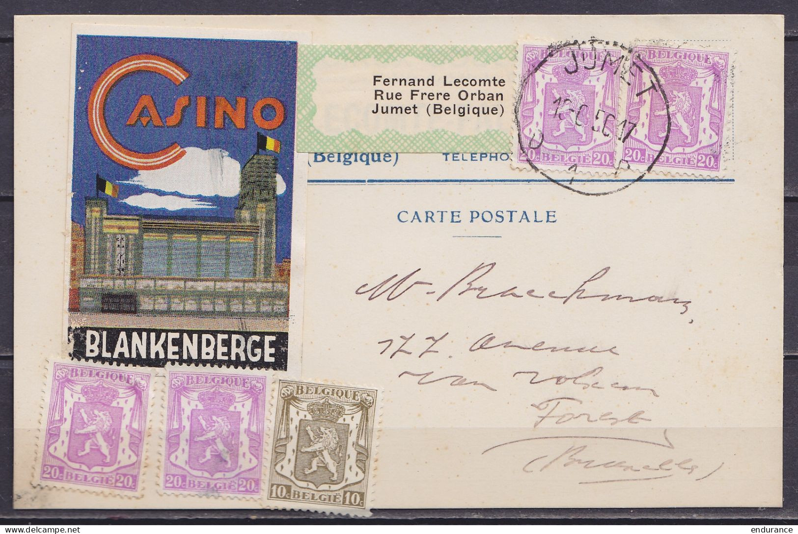 CP Affr. 4x N°422 + N°420 Càd JUMET /15-6-1950 Pour FOREST Bruxelles - Vignette "CASINO - BLANKENBERGE" - 1935-1949 Kleines Staatssiegel