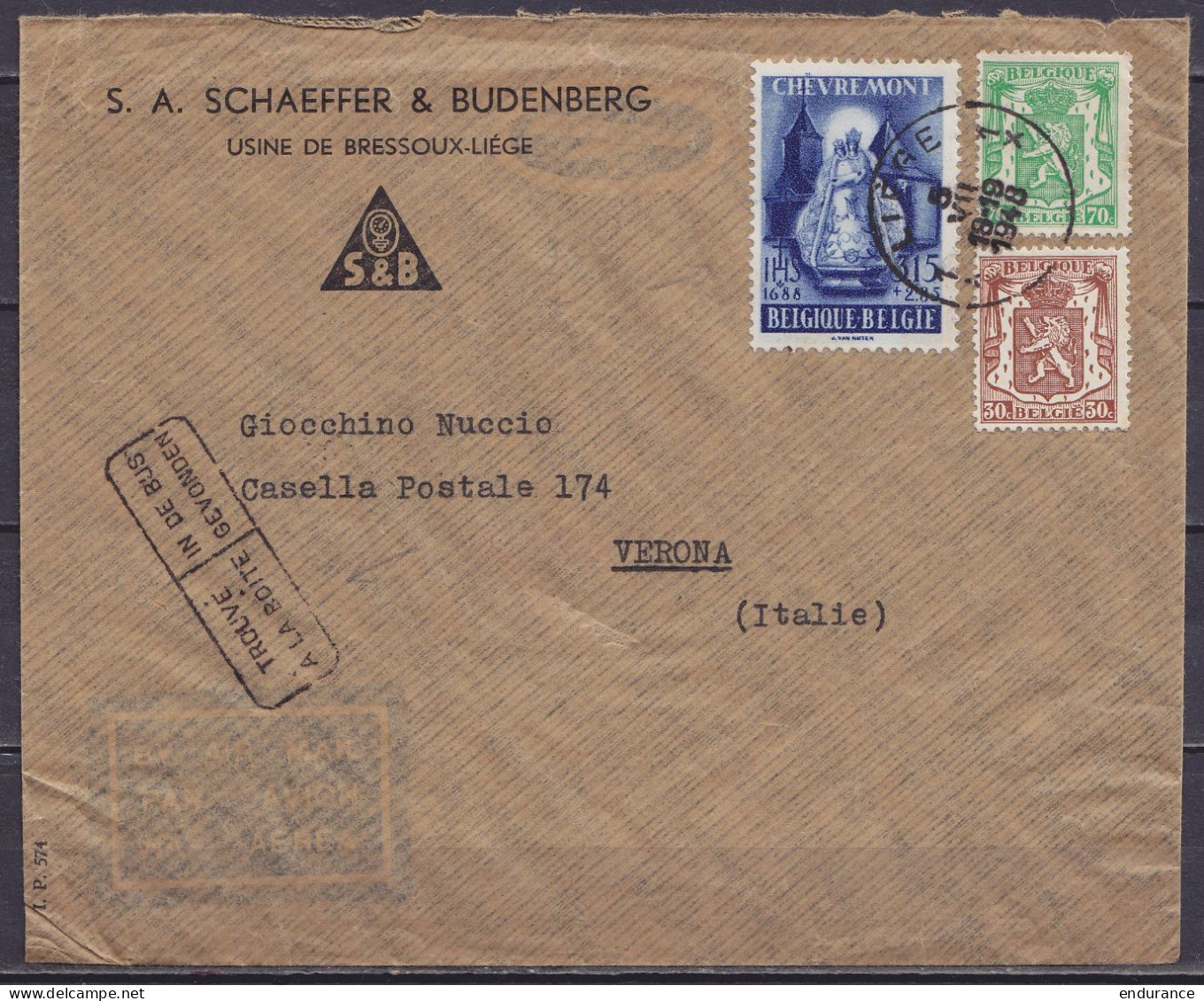 L. "S.A. Schaeffer é Budenberg" / Usine De Bressoux" Affr.N°424+712+779 Càd LIEGE 1X /5 VII 1948 Pour VERONA (Italie) -  - 1935-1949 Kleines Staatssiegel