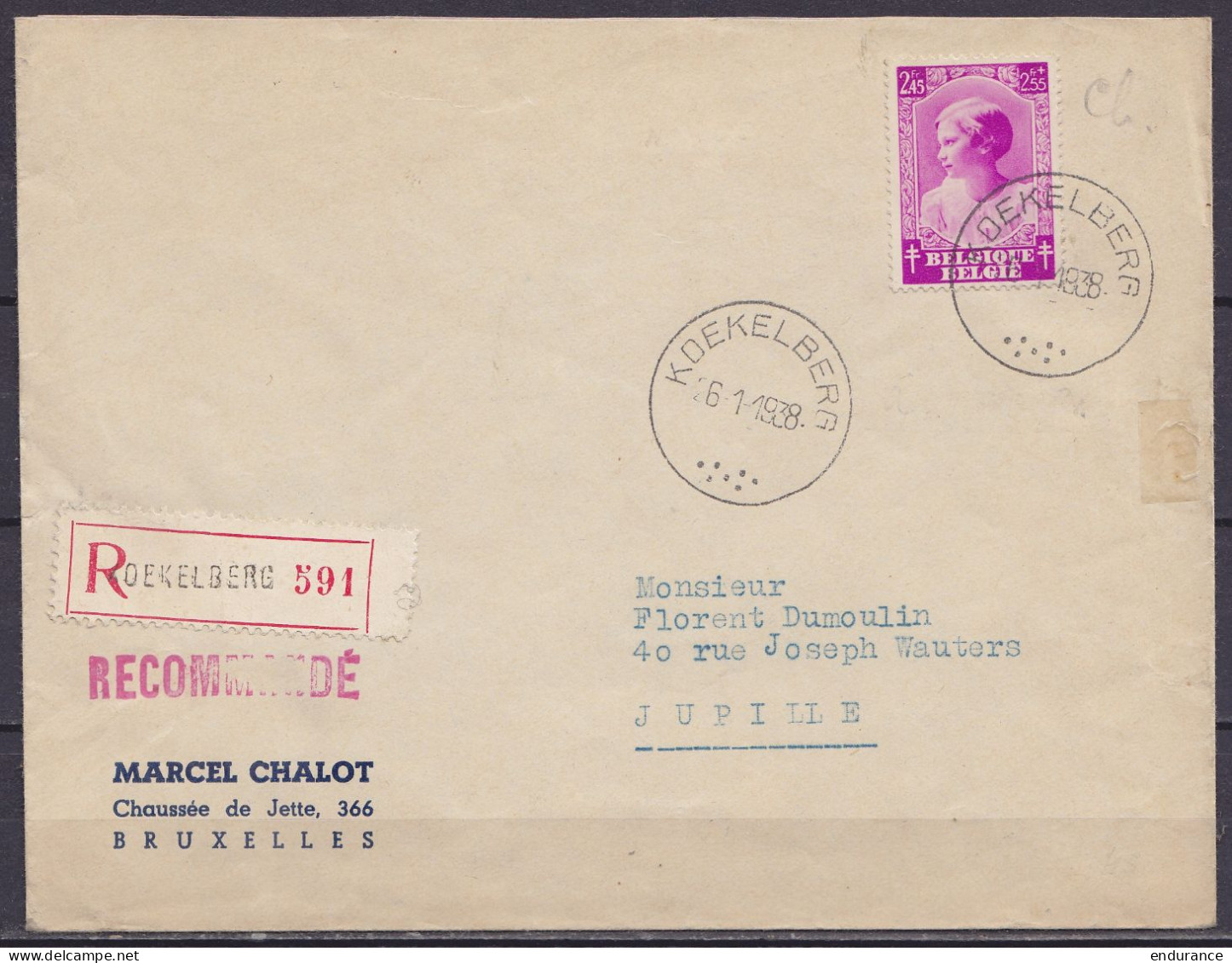 L. Recommandée Affr. N°465 Càd KOEKELBERG /6-1-1938 Pour JUPILLE  - Salzwedel