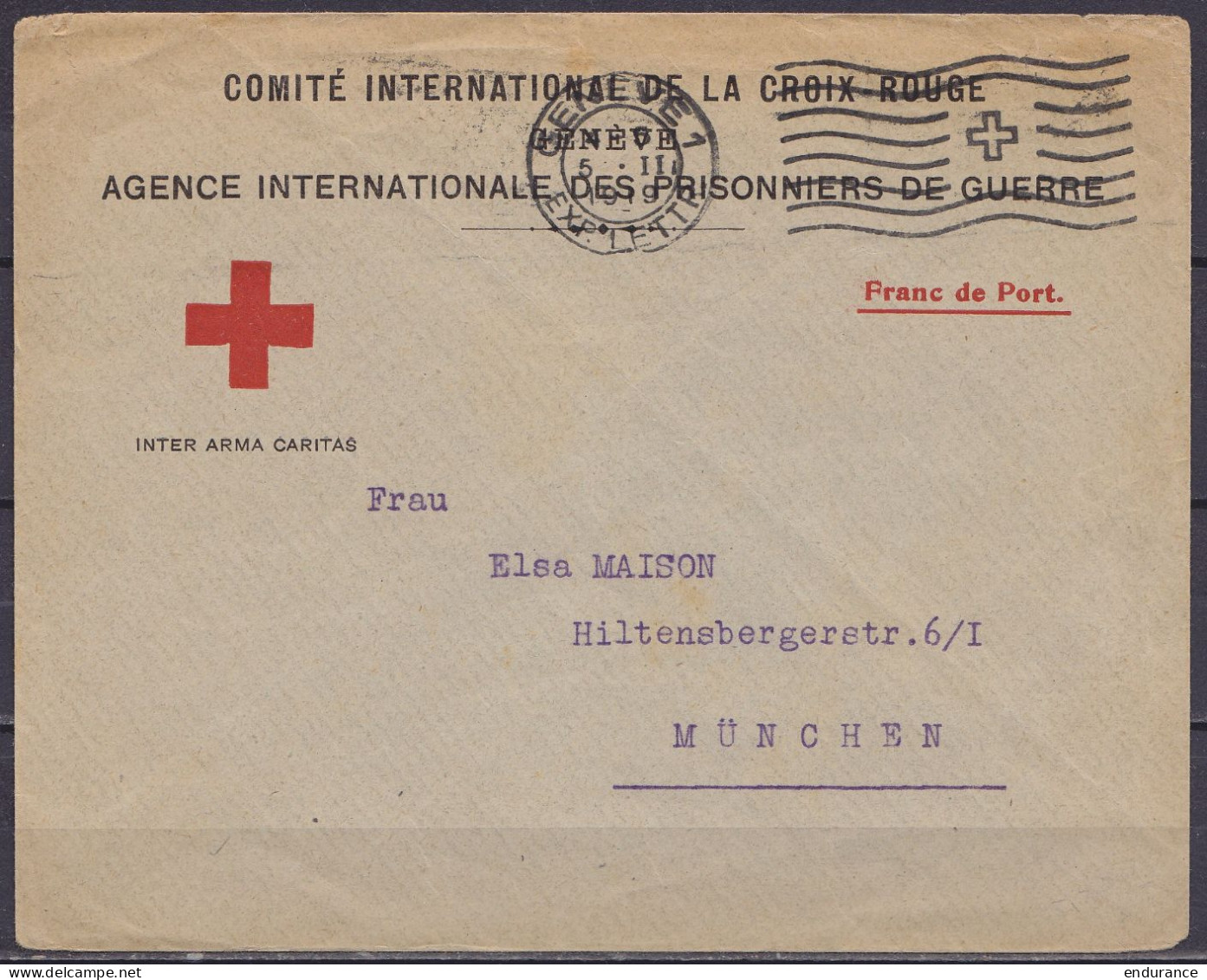 L. "Comité Int. De La Croix-Rouge / Agence Int. Des Prisonniers De Guerre" En Franchise Flam. GENEVE 1 /5.II 1919 Pour M - Kriegsgefangenschaft