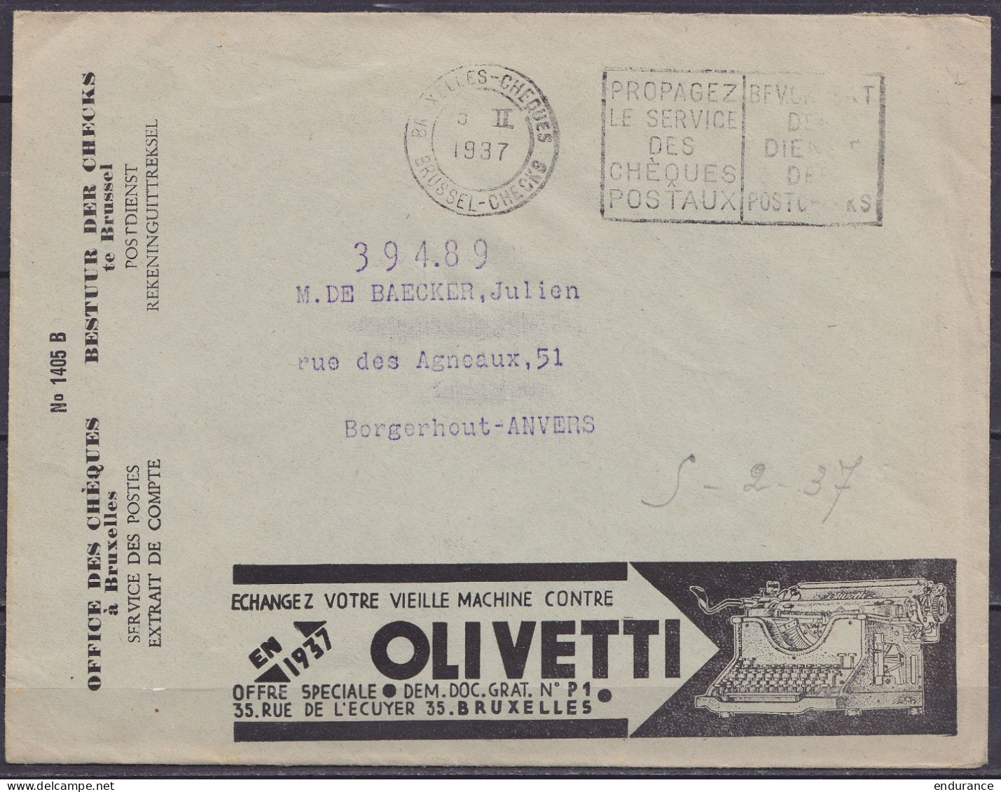 Env. "Office Des Chèques Postaux" Flam. BRUXELLES-CHEQUES /5 II 1937 Pour BORGHEROUT - Pub Machines à écrire Olivetti (a - Other & Unclassified
