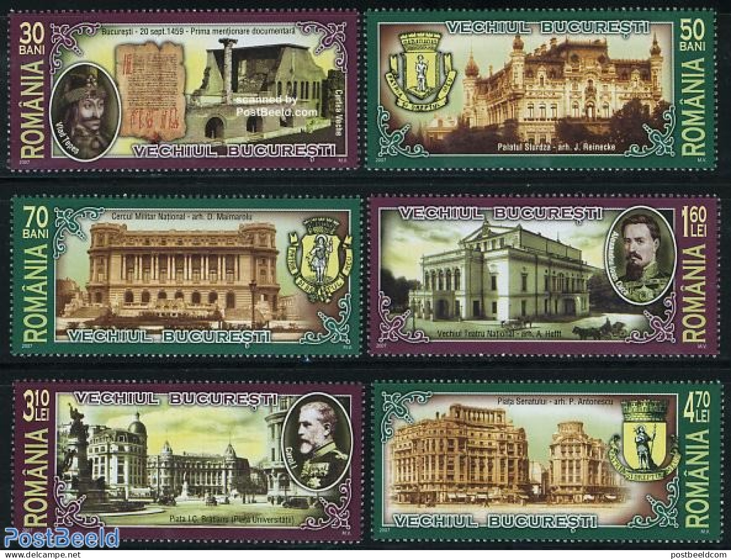 Romania 2007 Old Bucharest 6v, Mint NH, History - Nature - Performance Art - Transport - Coat Of Arms - Horses - Theat.. - Neufs