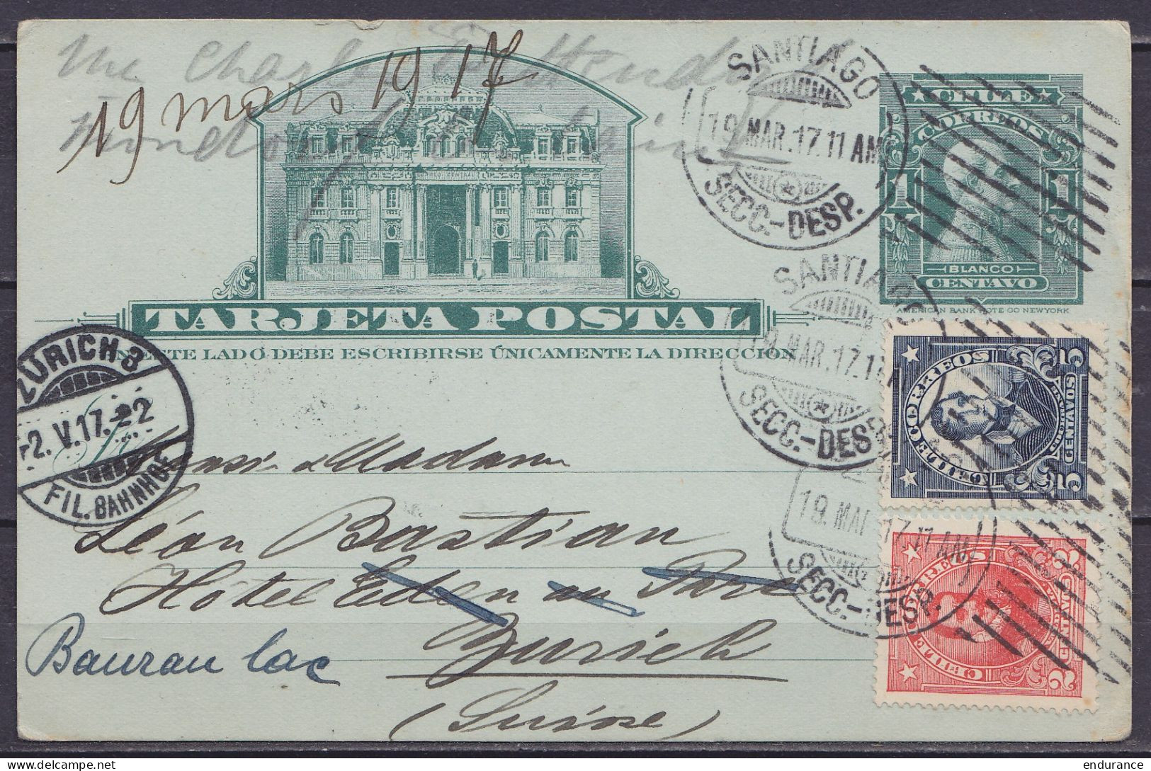 Chili - EP CP 1ct + 7cts Càpt SANTIAGO /19.MAR. 1917 Pour ZÜRICH Suisse Réexpédiée - Càpt Arrivée "ZURICH 3 /-2.V.1917/  - Postmark Collection