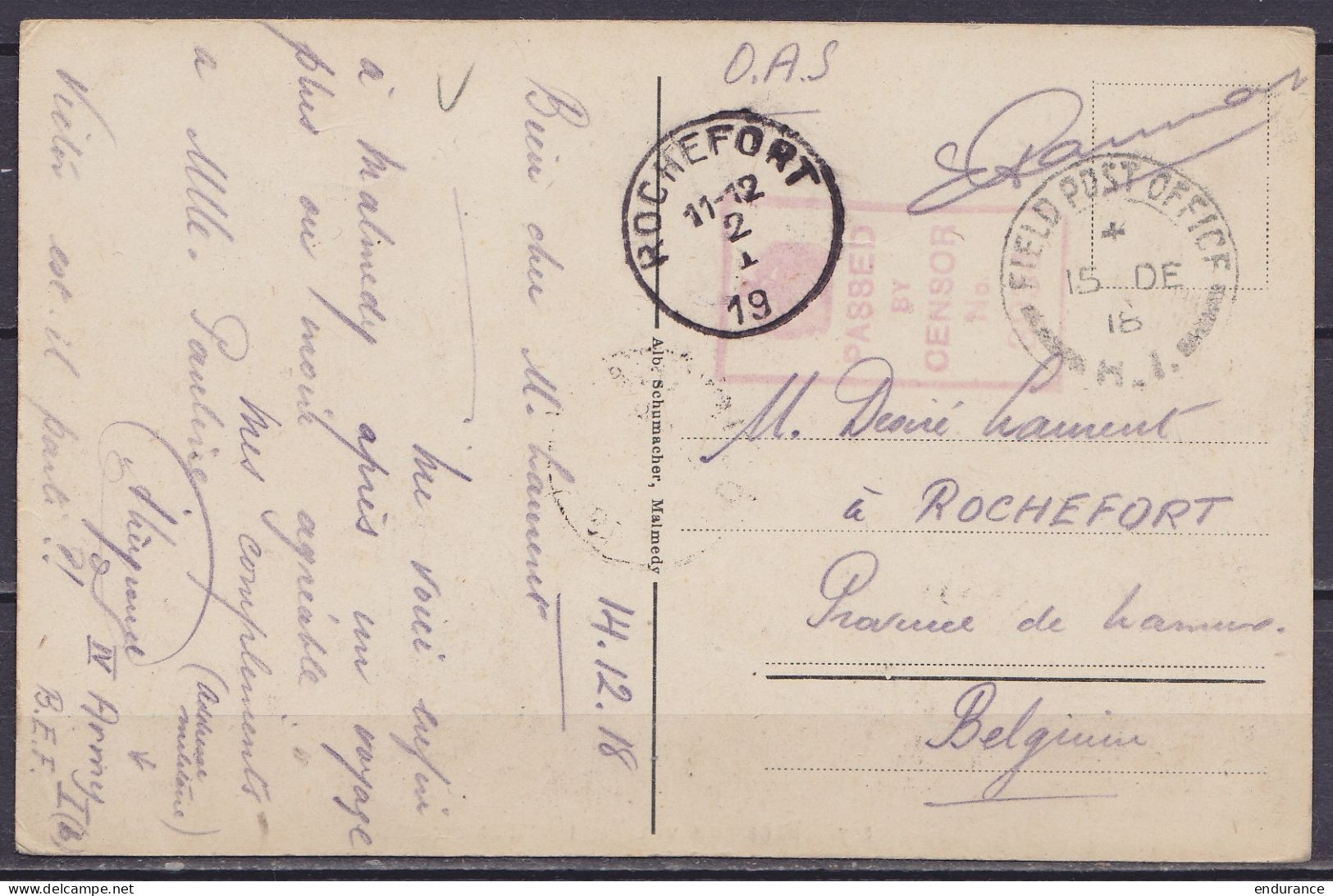 CP Malmedy En Franchise (O.A.S.) Datée 14 Décembre 1918 Càd FIELD POST OFFICE /15 DE 18 Pour ROCHEFORT - Càd Censure Bri - Fortune Cancels (1919)