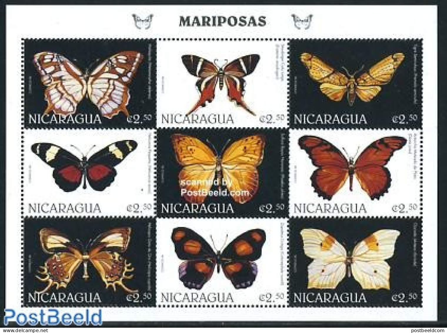 Nicaragua 1999 Butterflies 9v M/s, Mint NH, Nature - Butterflies - Nicaragua