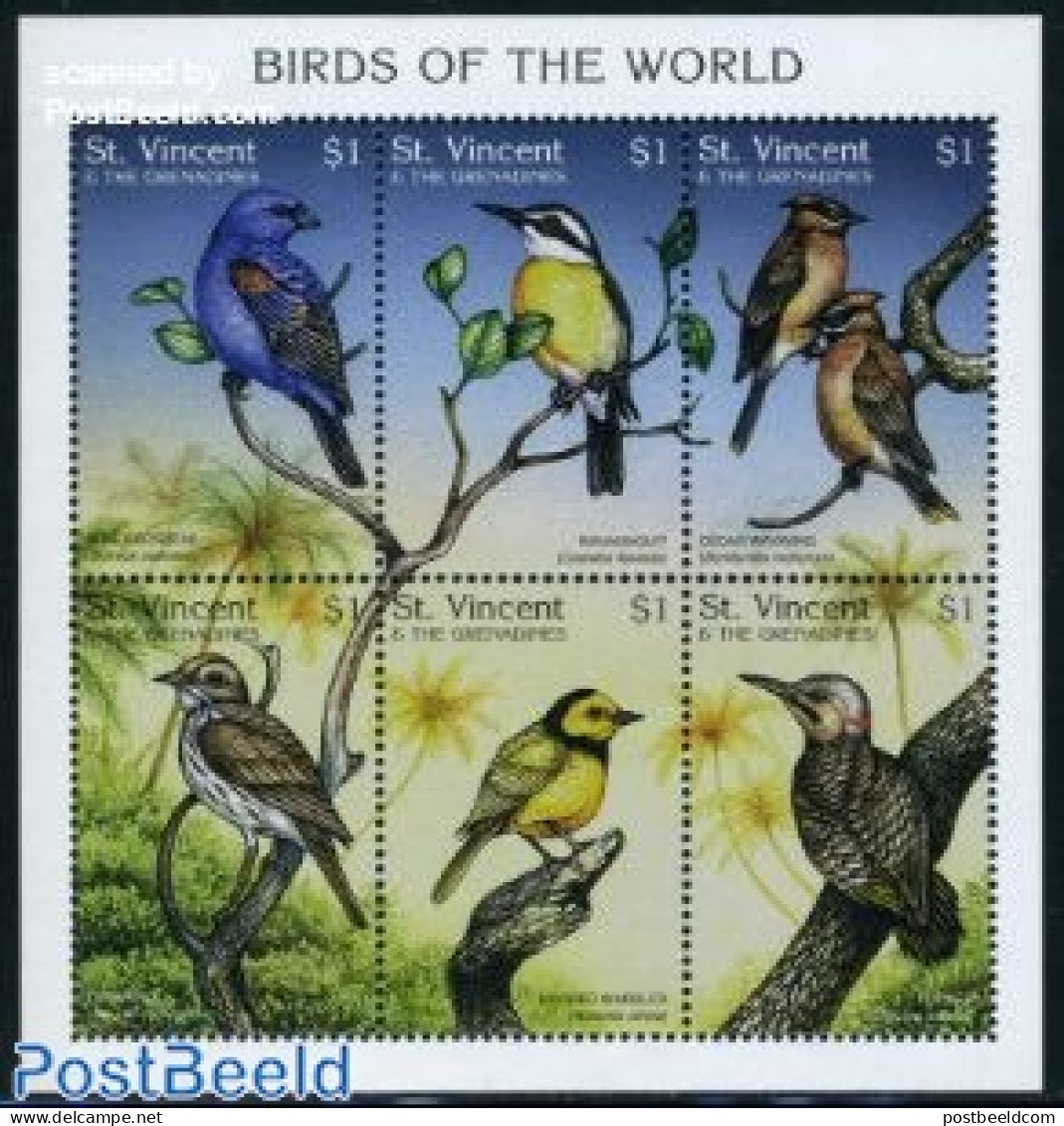 Saint Vincent 1997 Birds 6v M/s (6x$1), Mint NH, Nature - Birds - St.Vincent (1979-...)