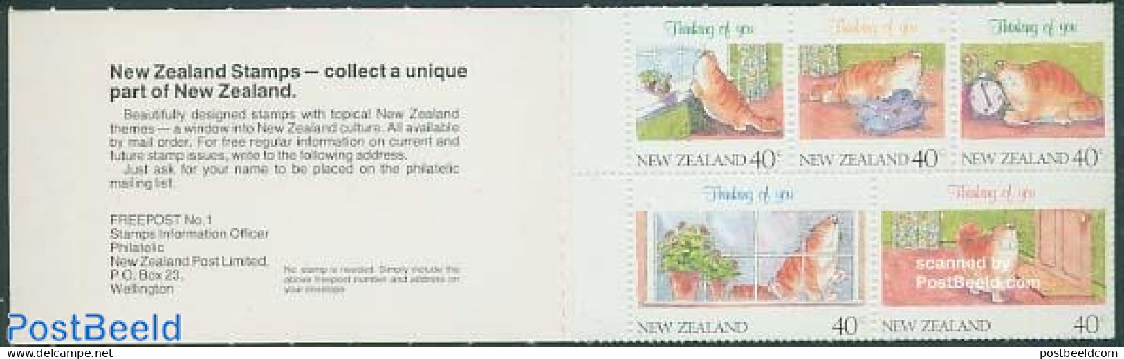 New Zealand 1991 Thinking Of You 5v In Booklet (40c Stamps), Mint NH, Nature - Cats - Stamp Booklets - Clocks - Ongebruikt
