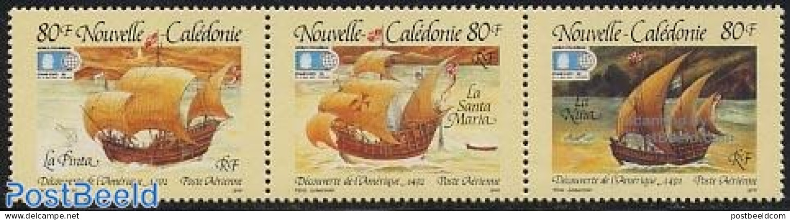New Caledonia 1992 Discovery Of America 3v [::], Mint NH, History - Transport - Explorers - Ships And Boats - Unused Stamps