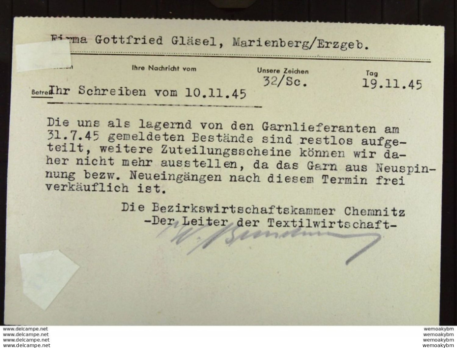 SBZ-Lokal/Bar: "CHEMNITZ 1 21.11.45 =006= Mit Lfd. Nr. 6543" - Nur Noch Rahmen Um Wertstellung Vorh., Mit Aktenlochung - Storia Postale