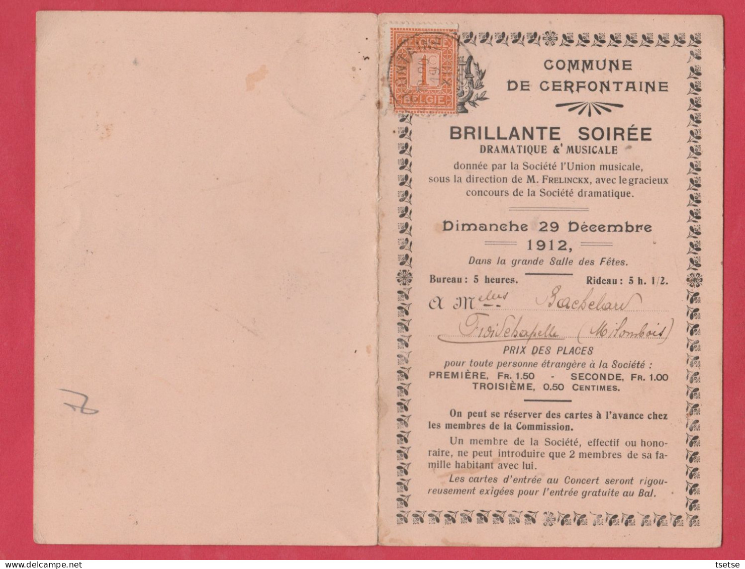 Cerfontaine - Document Spécial / Programme Soirée Dramatique & Musicale Du 29 Décembre 1912 ( Voir Verso ) - Cerfontaine