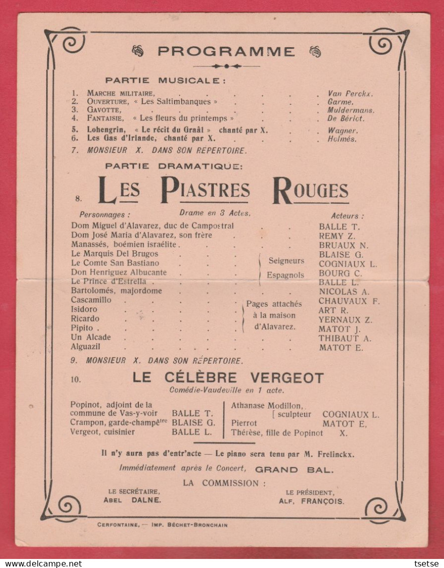 Cerfontaine - Document Spécial / Programme Soirée Dramatique & Musicale Du 29 Décembre 1912 ( Voir Verso ) - Cerfontaine