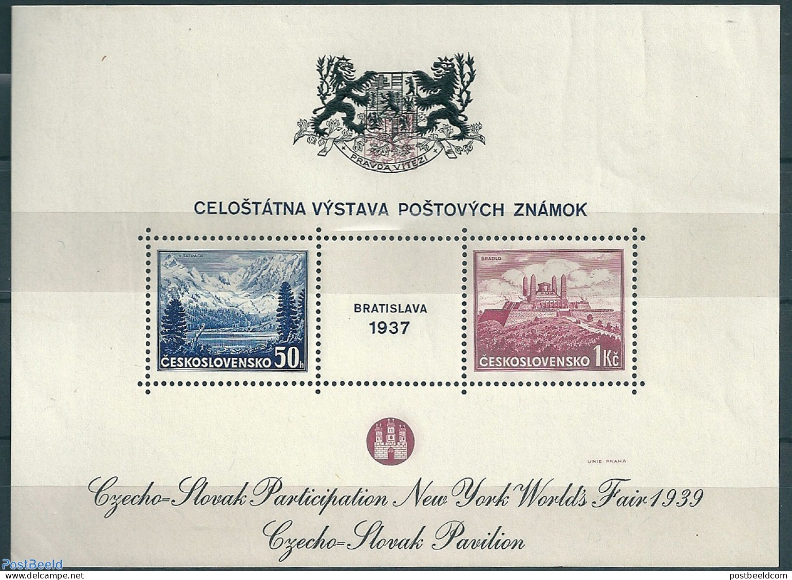 Czechoslovkia 1939 World Exposition NY, Private Overprint S/s, Mint NH, Various - World Expositions - Sonstige & Ohne Zuordnung