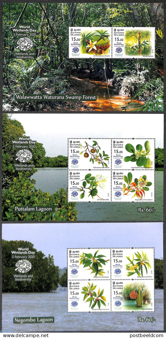 Sri Lanka (Ceylon) 2020 World Wetland Day 3 S/s, Mint NH, Nature - Flowers & Plants - Sri Lanka (Ceylon) (1948-...)
