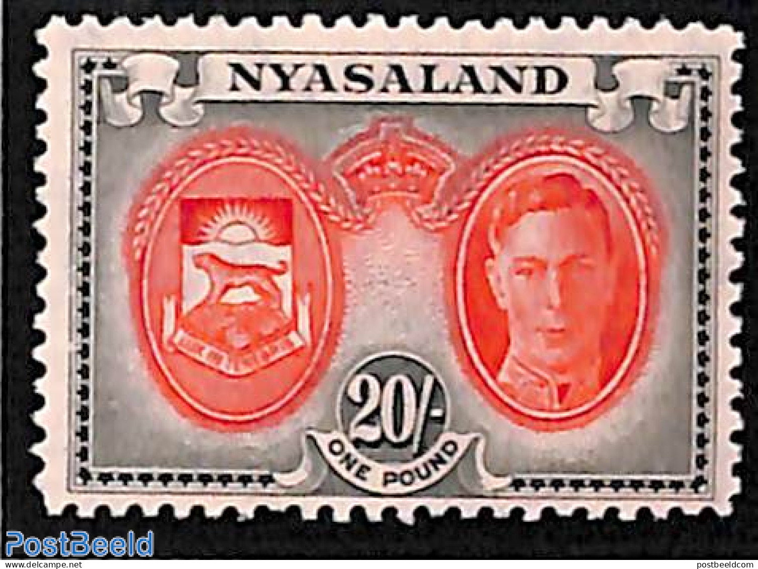 Nyasaland 1945 20Sh, Stamp Out Of Set, Mint NH, History - Coat Of Arms - Nyasaland (1907-1953)