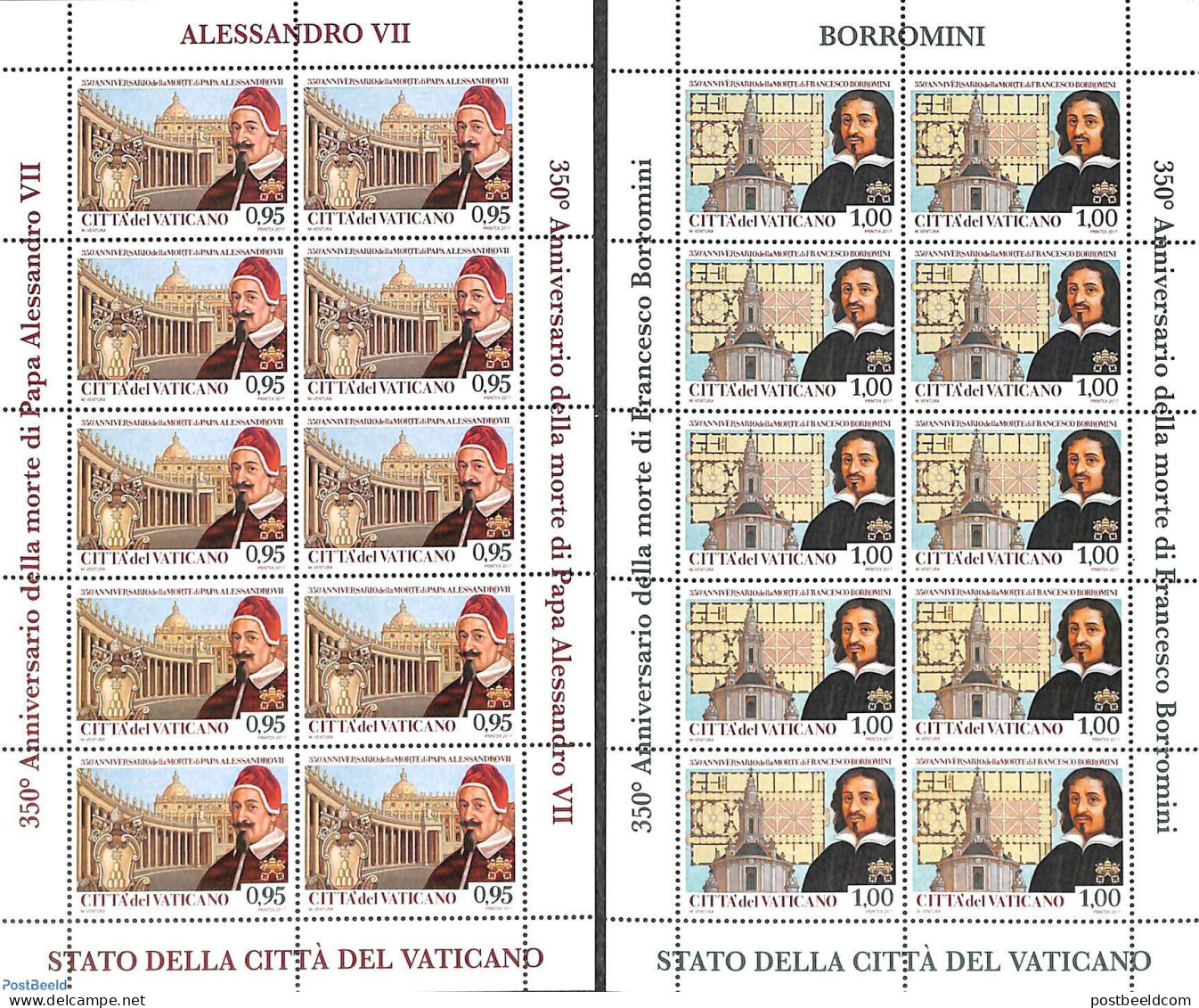 Vatican 2017  Alexander VII, Borromini 2 M/s, Mint NH, Religion - Churches, Temples, Mosques, Synagogues - Art - Archi.. - Unused Stamps