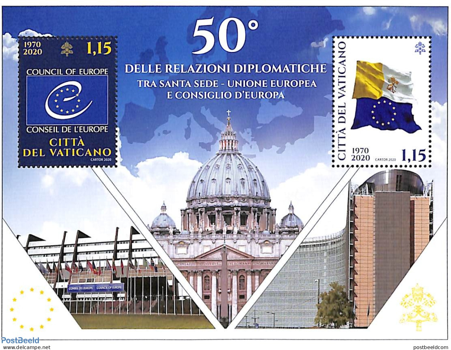 Vatican 2020 Diplomatic Relations With EU S/s, Mint NH, History - Europa Hang-on Issues - Flags - Unused Stamps