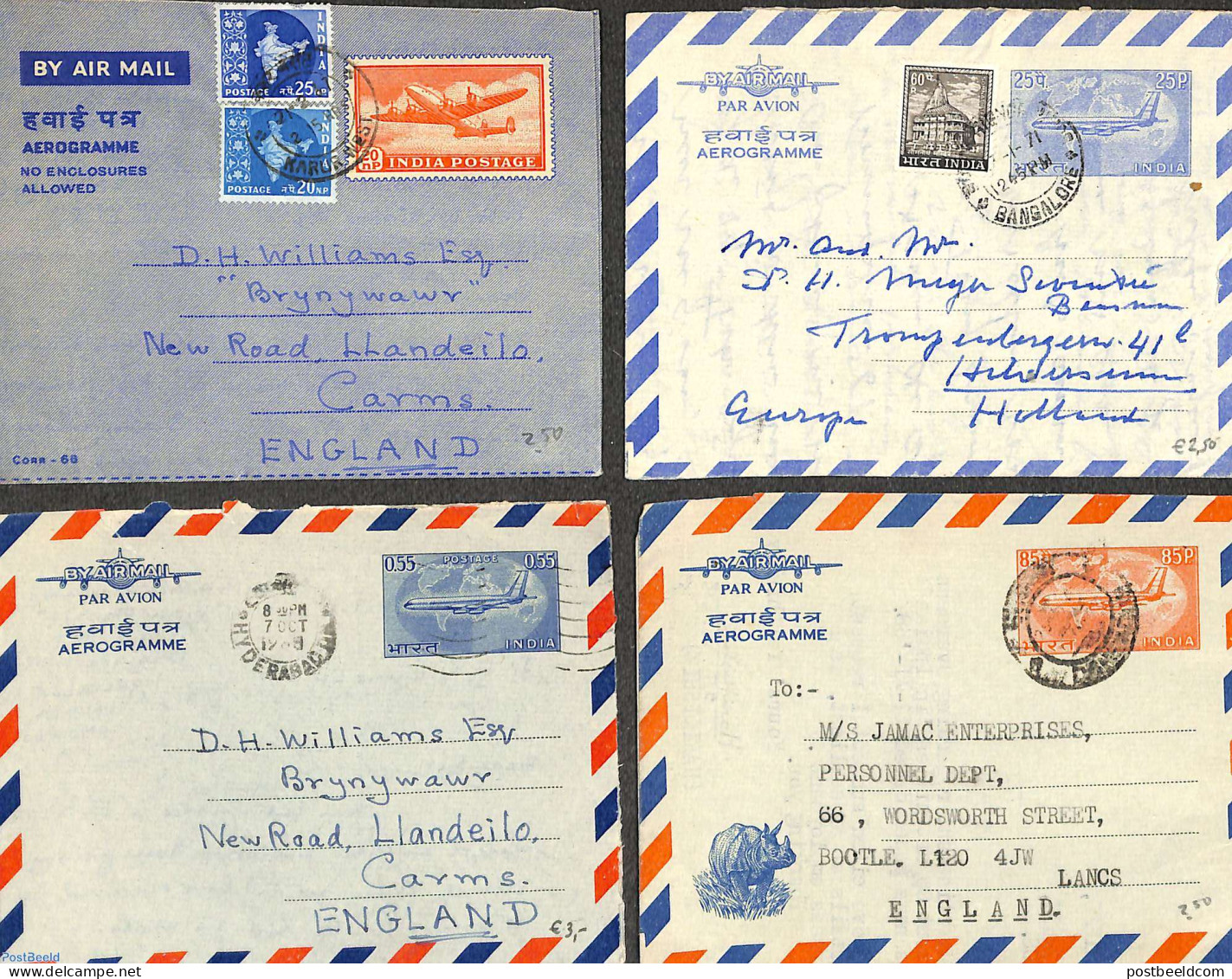 India 1970 Lot With 4 Used Aerogrammes, Used Postal Stationary, Transport - Aircraft & Aviation - Briefe U. Dokumente