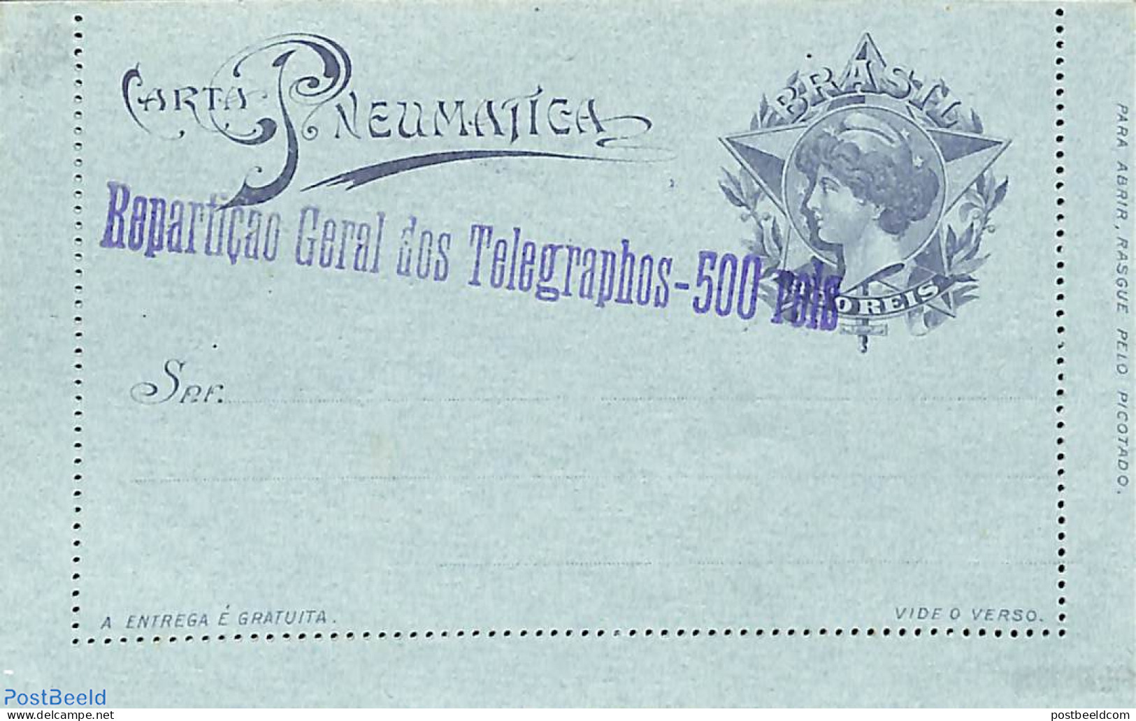 Brazil 1917 Pneumatic Post Overprint 500 Reis On 300R, Unused Postal Stationary - Storia Postale