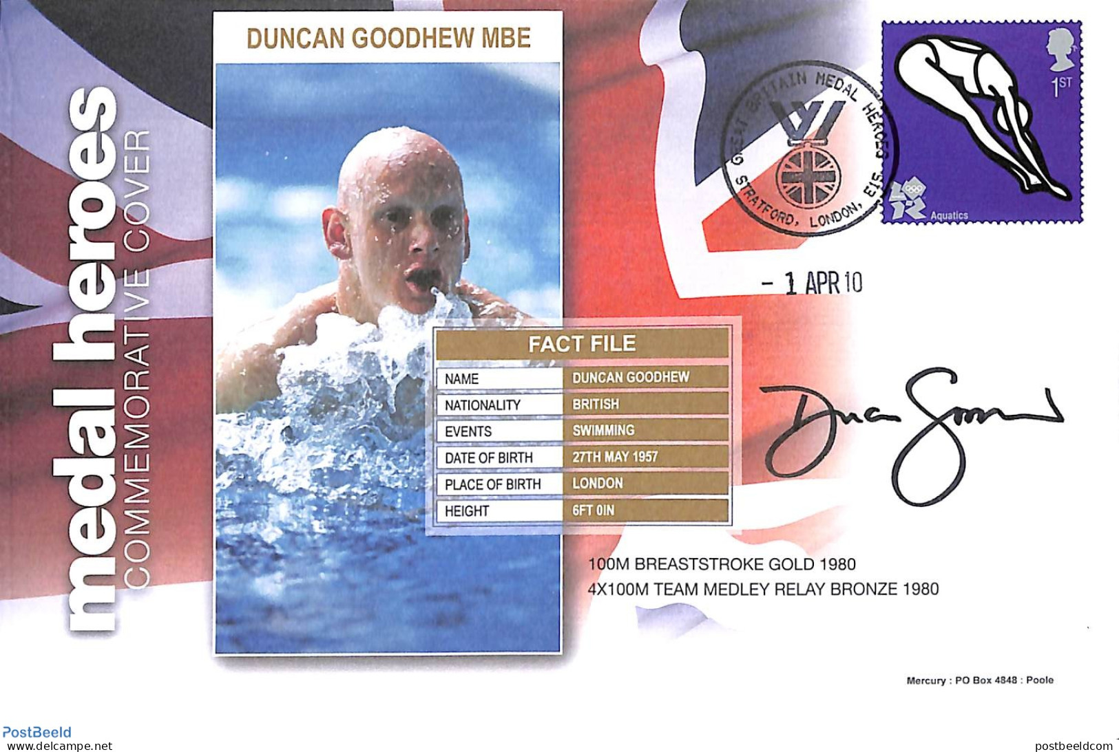 Great Britain 2010 Duncan Goodhew MBE, Medal Winner, Special Cover, Postal History, Sport - Olympic Games - Swimming - Brieven En Documenten