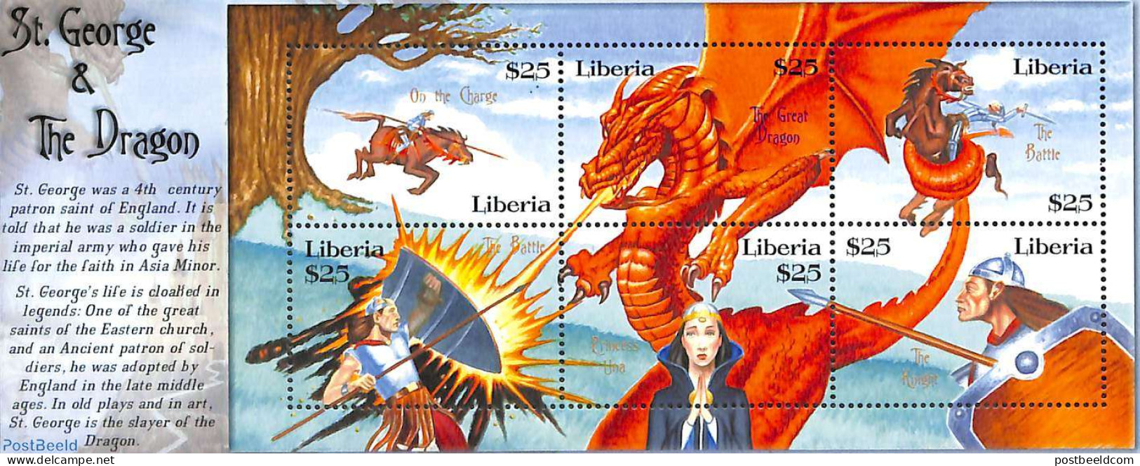 Liberia 2001 St George & The Dragon 6v M/s, Mint NH, Nature - Horses - Art - Fairytales - Contes, Fables & Légendes