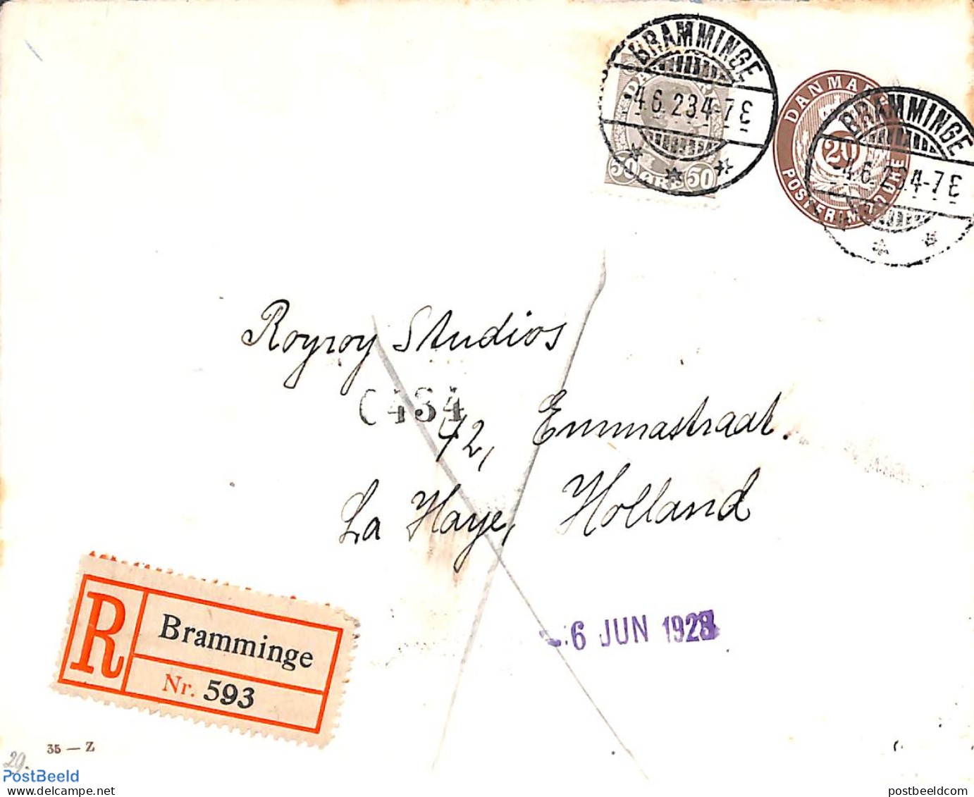 Denmark 1923 Envelope 20o, Uprated To Registered Mail To Holland, Used Postal Stationary - Covers & Documents