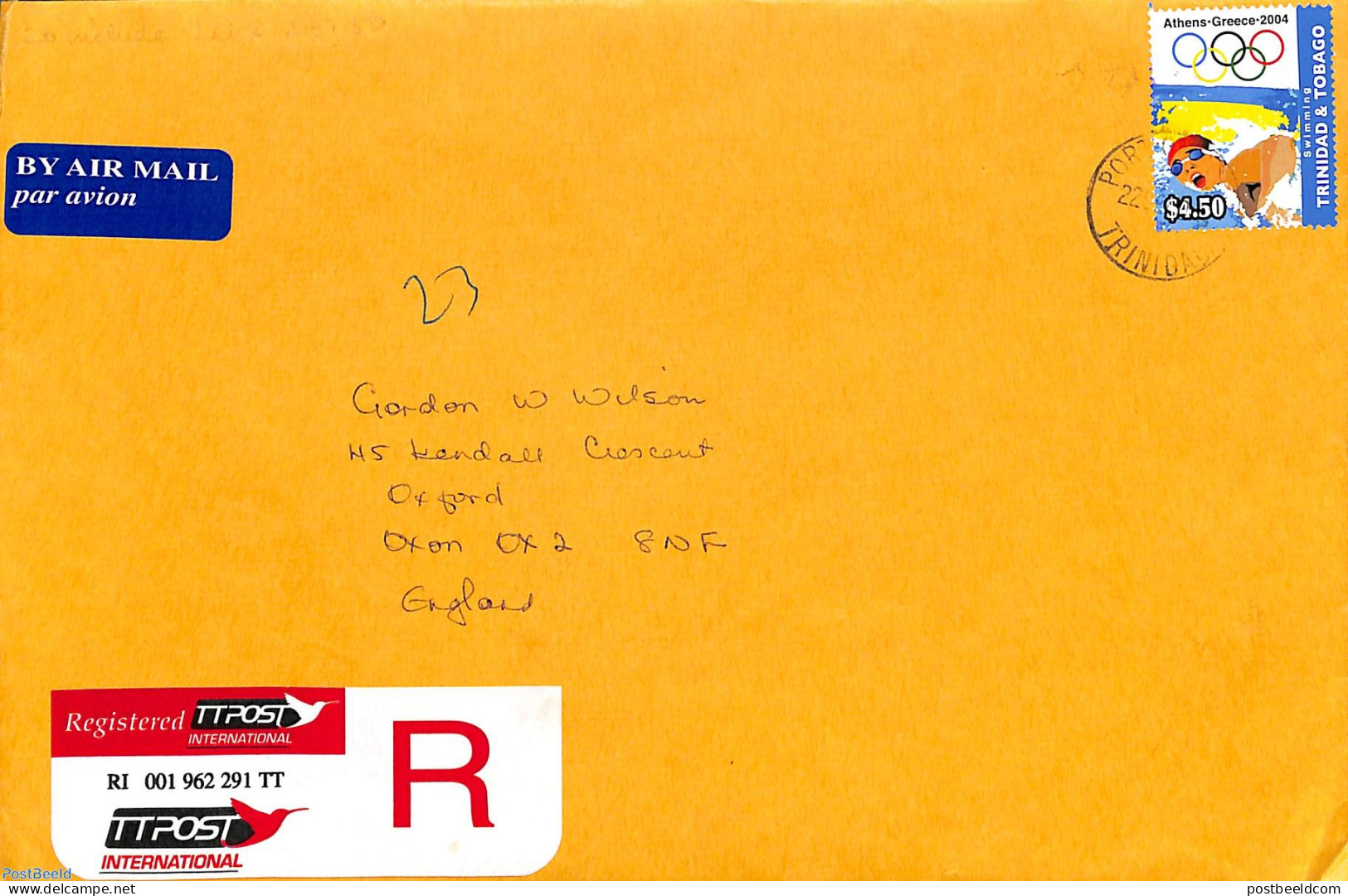Trinidad & Tobago 2004 Registered Mail To The UK, Postal History, Sport - Olympic Games - Swimming - Schwimmen