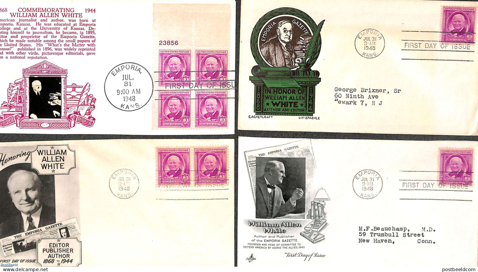 United States Of America 1948 W.A. White, 4 Different FDC's, First Day Cover, Art - Books - Covers & Documents