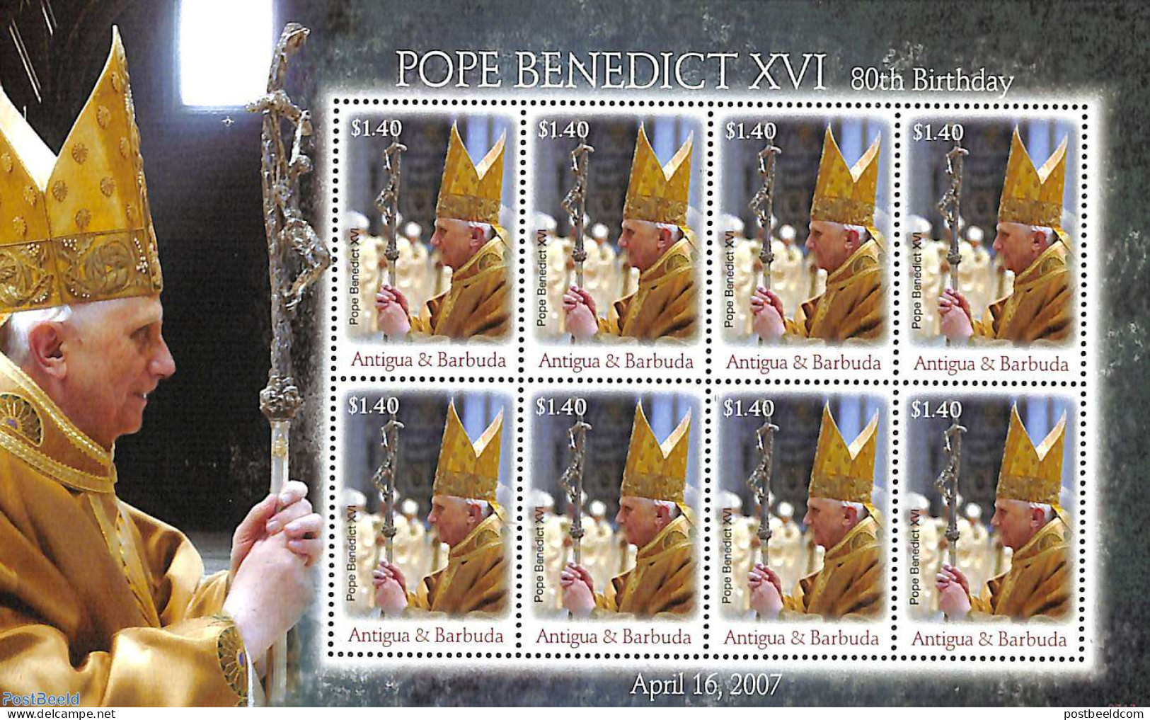 Antigua & Barbuda 2007 Pope Benedict XVI M/s, Mint NH, Religion - Pope - Popes