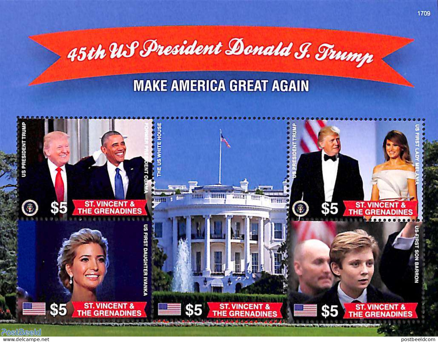 Saint Vincent 2017 President Donald Trump 5v M/s, Mint NH, History - American Presidents - St.Vincent (1979-...)