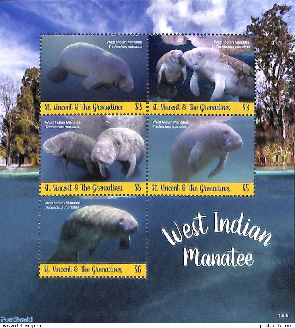 Saint Vincent 2019 West Indian Manatee 5v M/s, Mint NH, Nature - Sea Mammals - St.Vincent (1979-...)