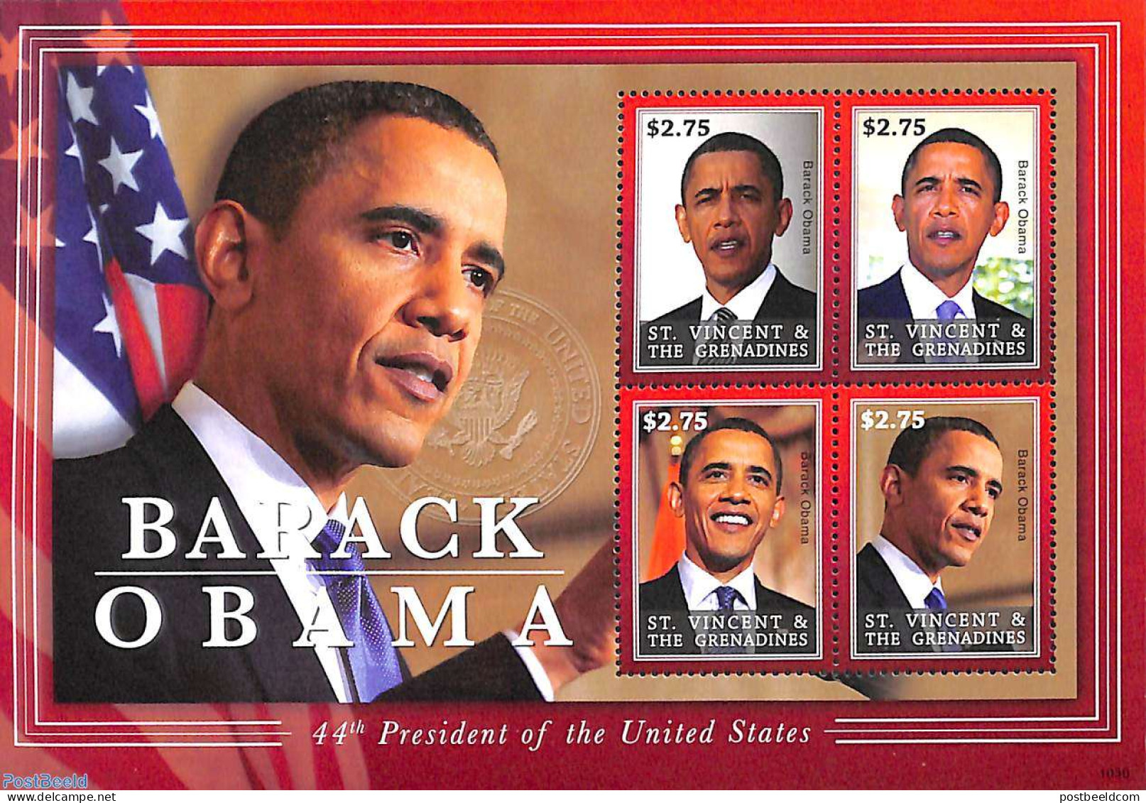 Saint Vincent 2010 Barack Obama 4v M/s, Mint NH, History - American Presidents - St.Vincent (1979-...)