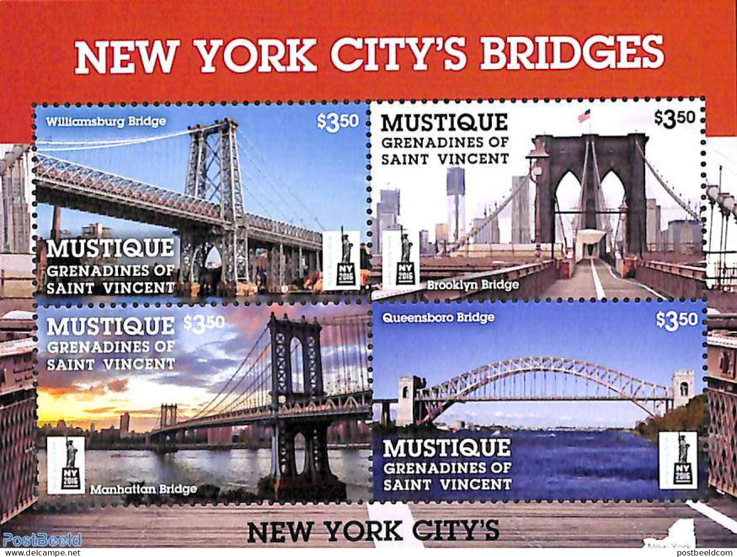 Saint Vincent & The Grenadines 2016 Mustique, New York City Bridges 4v M/s, Mint NH, Art - Bridges And Tunnels - Brücken