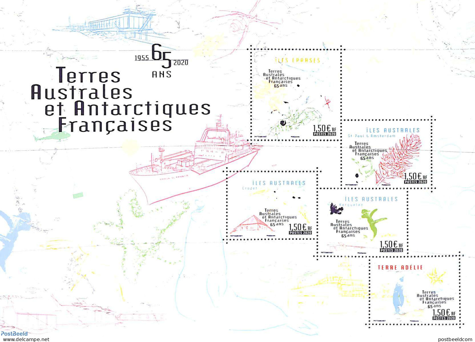French Antarctic Territory 2020 65 Years T.A.A.F. 5v M/s, Mint NH, Nature - Transport - Birds - Penguins - Ships And B.. - Nuevos